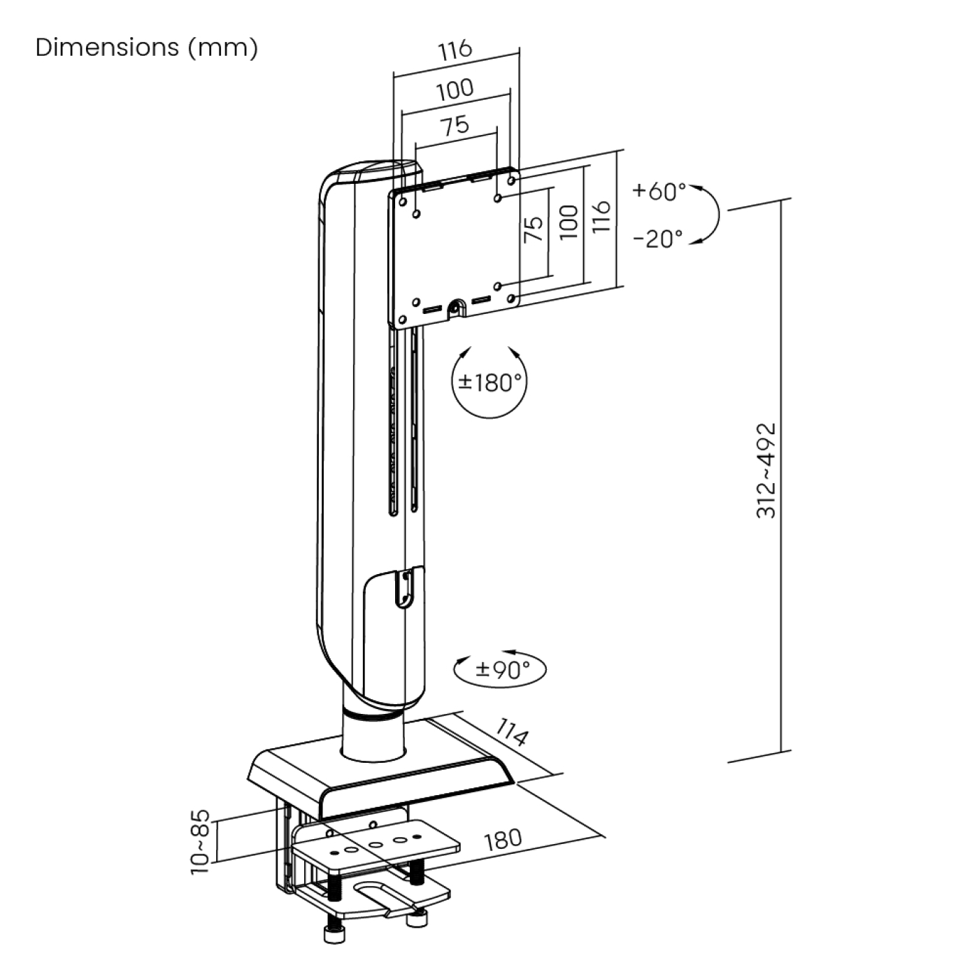Een diagram van een monitorarm. Het toont afmetingen en hoeken. De arm heeft verstelbare onderdelen en een klem.