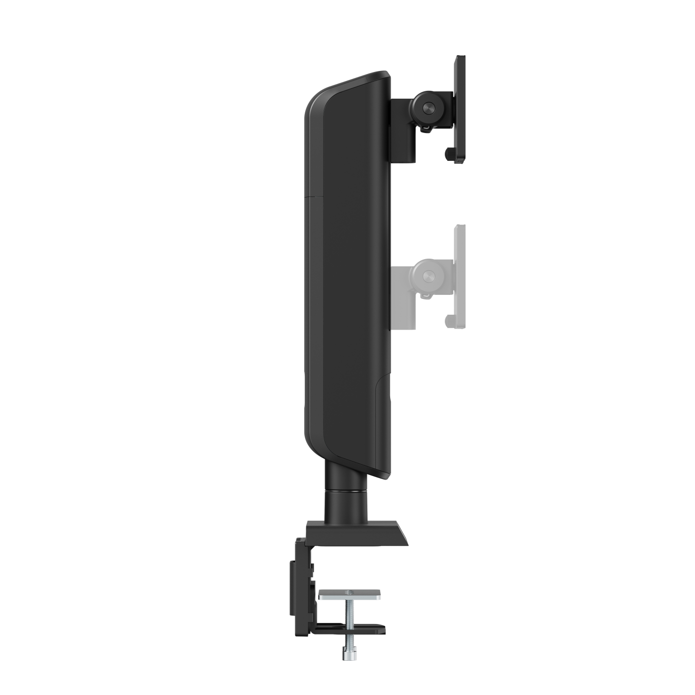 Een zwarte monitorstandaard met een monitor, de monitor kan worden aangepast.