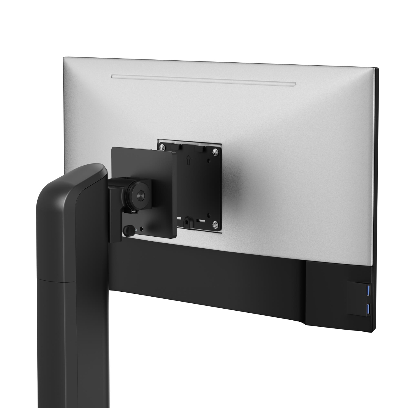 Achterkant van een monitor gemonteerd op een arm. De monitor is zilver. De arm is zwart. De mount is zwart.