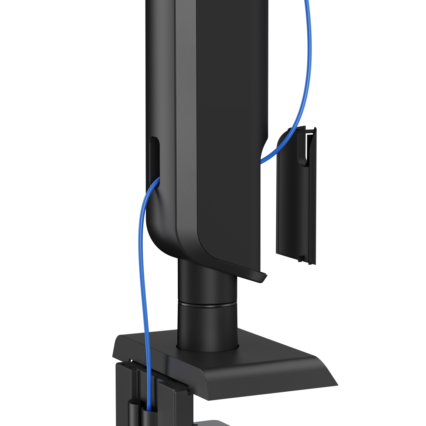 Een zwarte monitorstandaard met blauwe kabel en een kabelafdekking.
