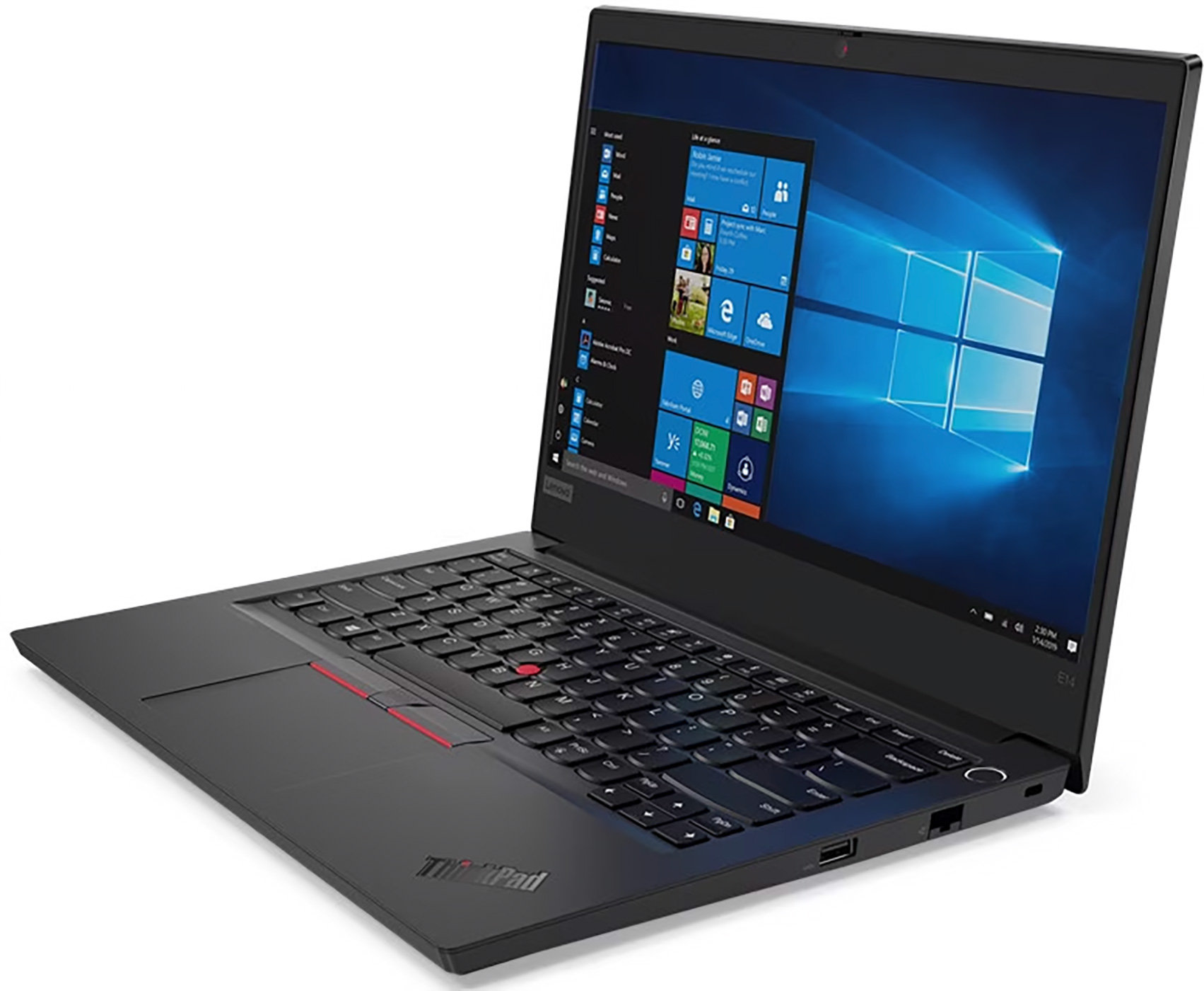 Black laptop with a keyboard, and a screen displaying Windows interface. ThinkPad logo on the bottom.