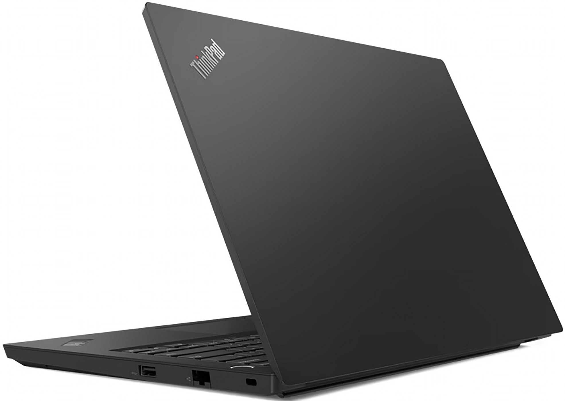 Black laptop with the ThinkPad logo on a black background. The laptop is slightly open. The angle is from the side.