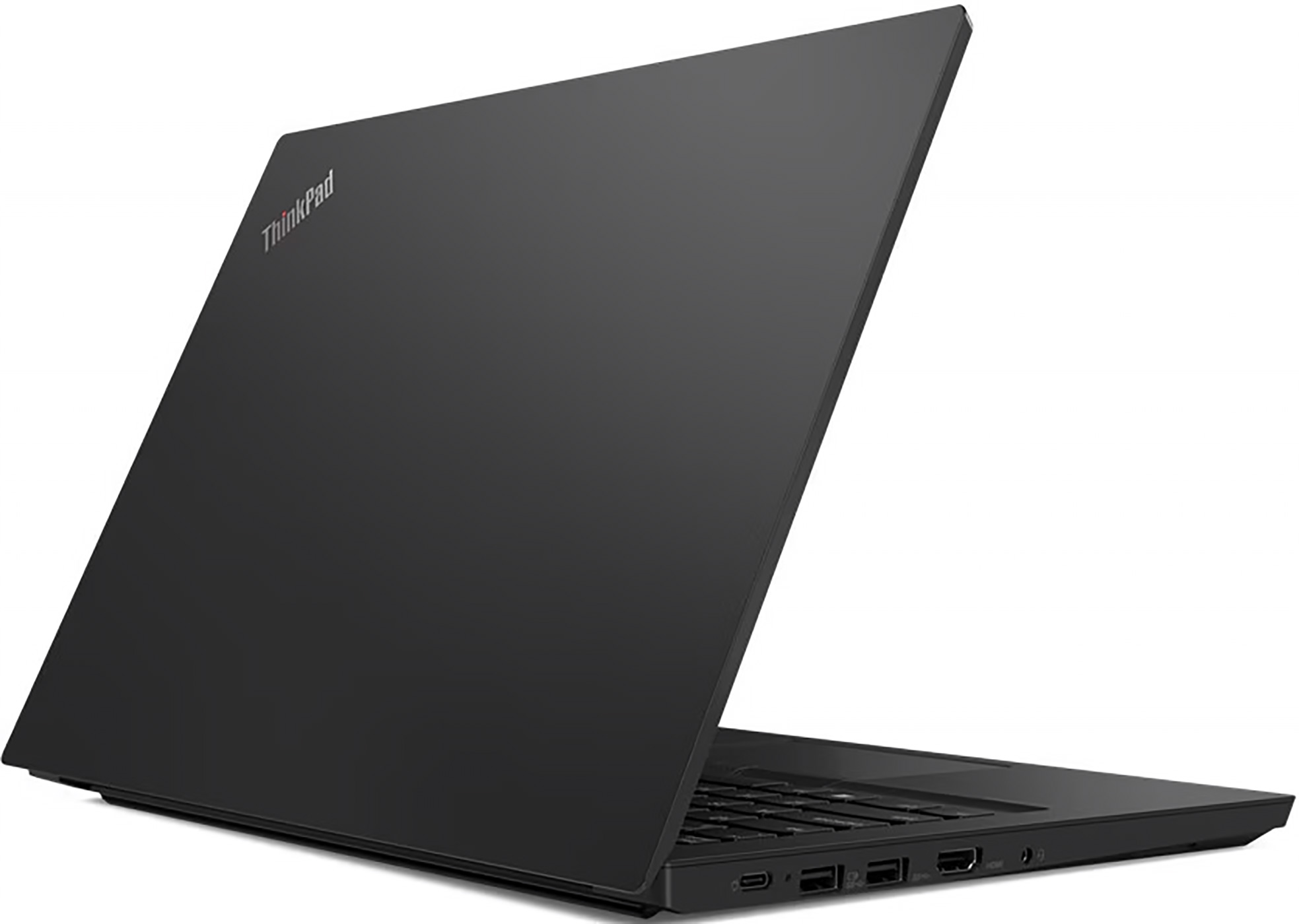 Black laptop, ThinkPad logo on the lid. The screen is slightly open. White background.