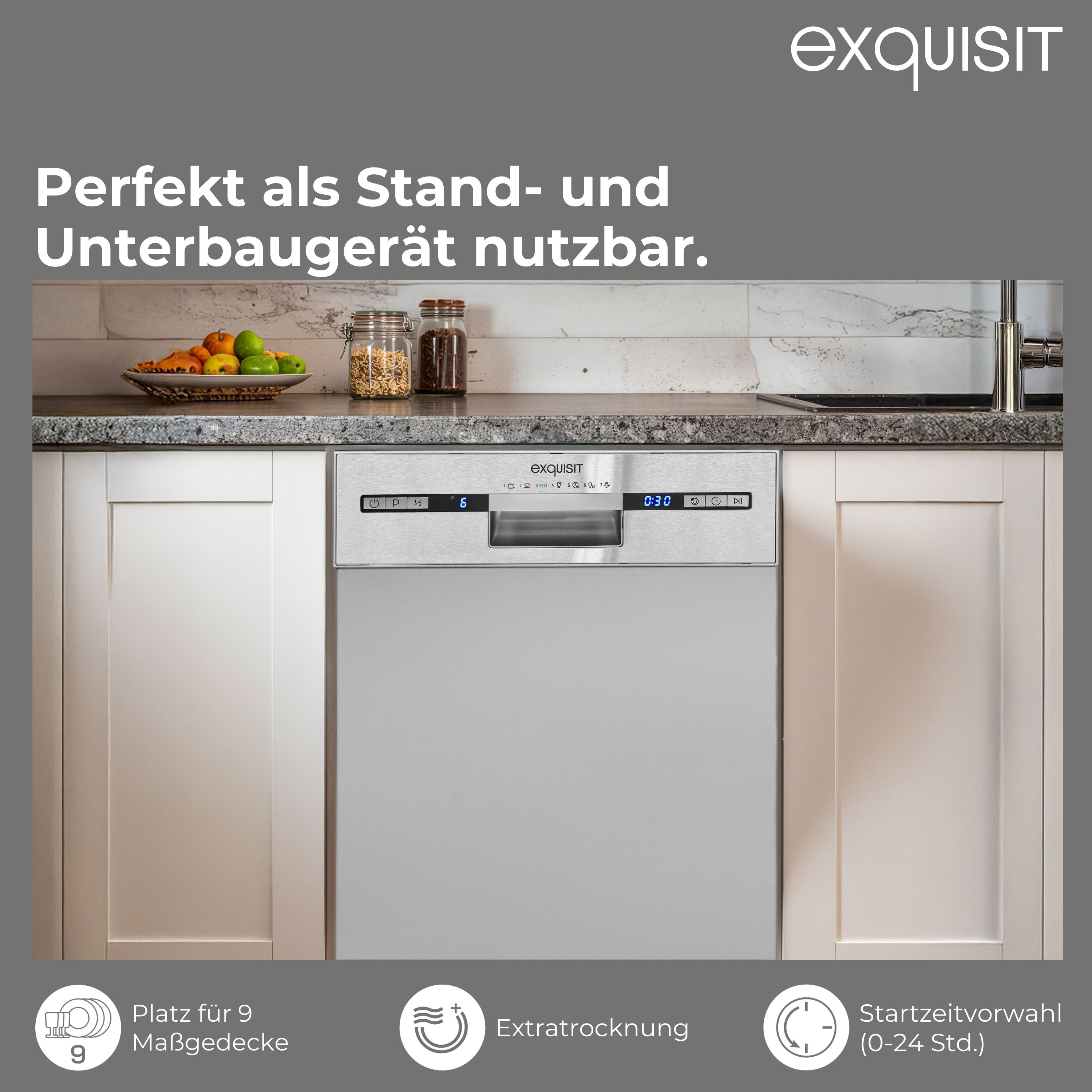 Ein Edelstahl-Geschirrspüler unter einer Arbeitsplatte, mit Früchten und Gläsern auf der Theke.