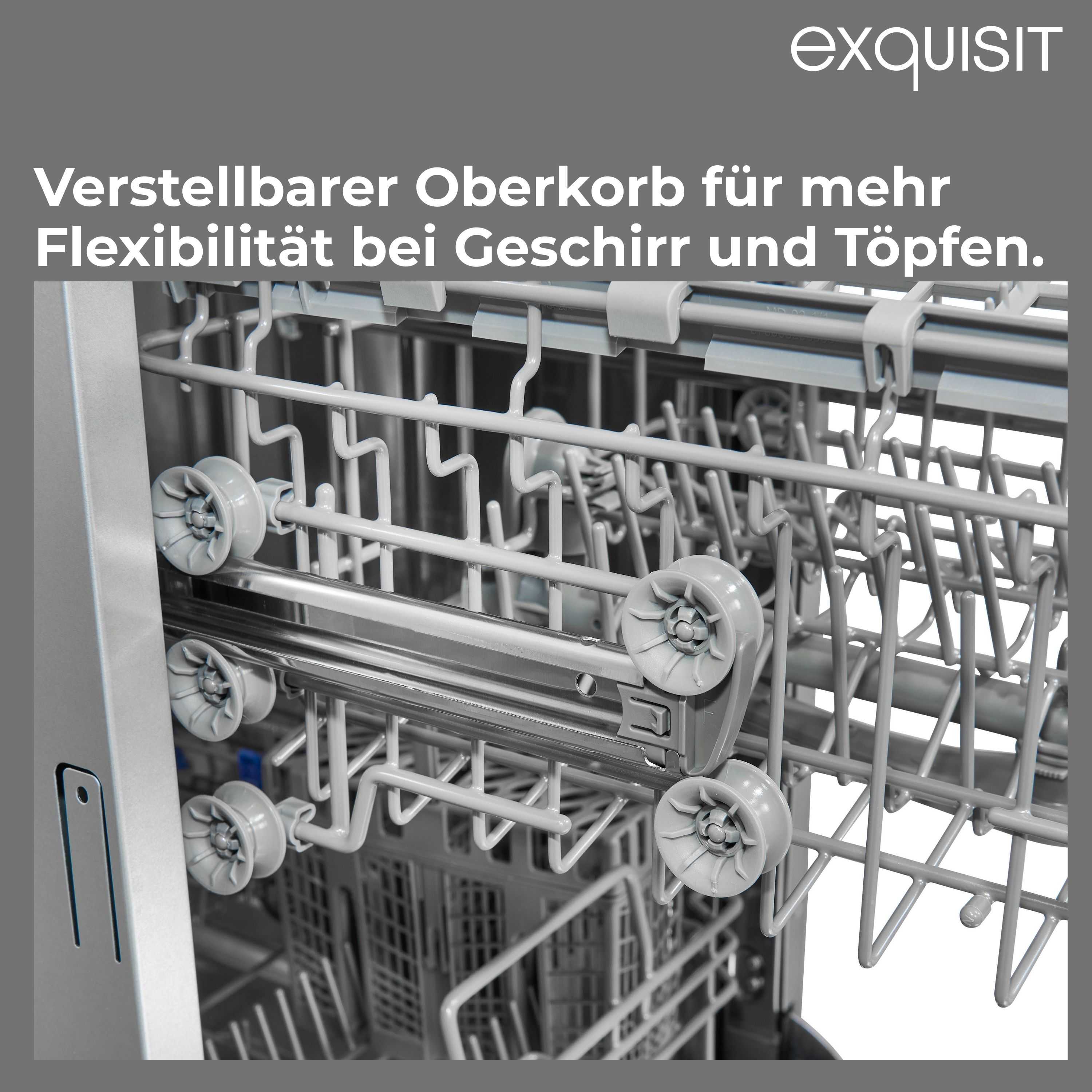Geschirrspüler-Innenraum mit verstellbarem Oberkorb mit Rädern und verschiedenen Haltestrukturen.