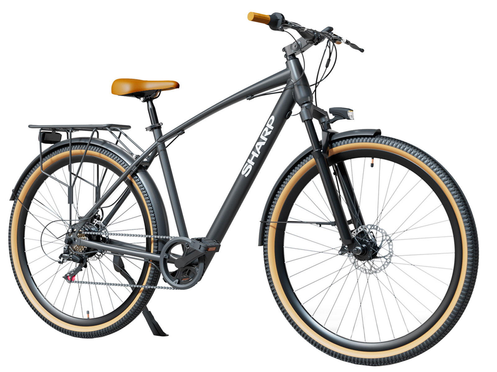 Czarny rower elektryczny SHARP z brązowymi oponami, brązowym siodełkiem i bagażnikiem na białym tle.