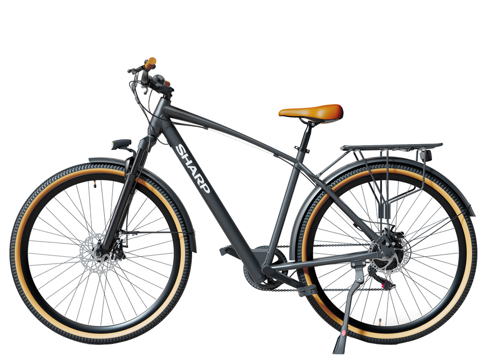 Czarny rower elektryczny SHARP z boku, z brązowymi oponami, brązowym siodełkiem i bagażnikiem, na białym tle.