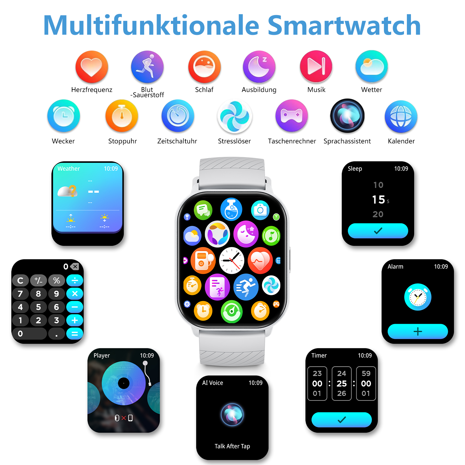Eine Smartwatch mit verschiedenen App-Symbolen auf dem Bildschirm und anderen Funktionen.