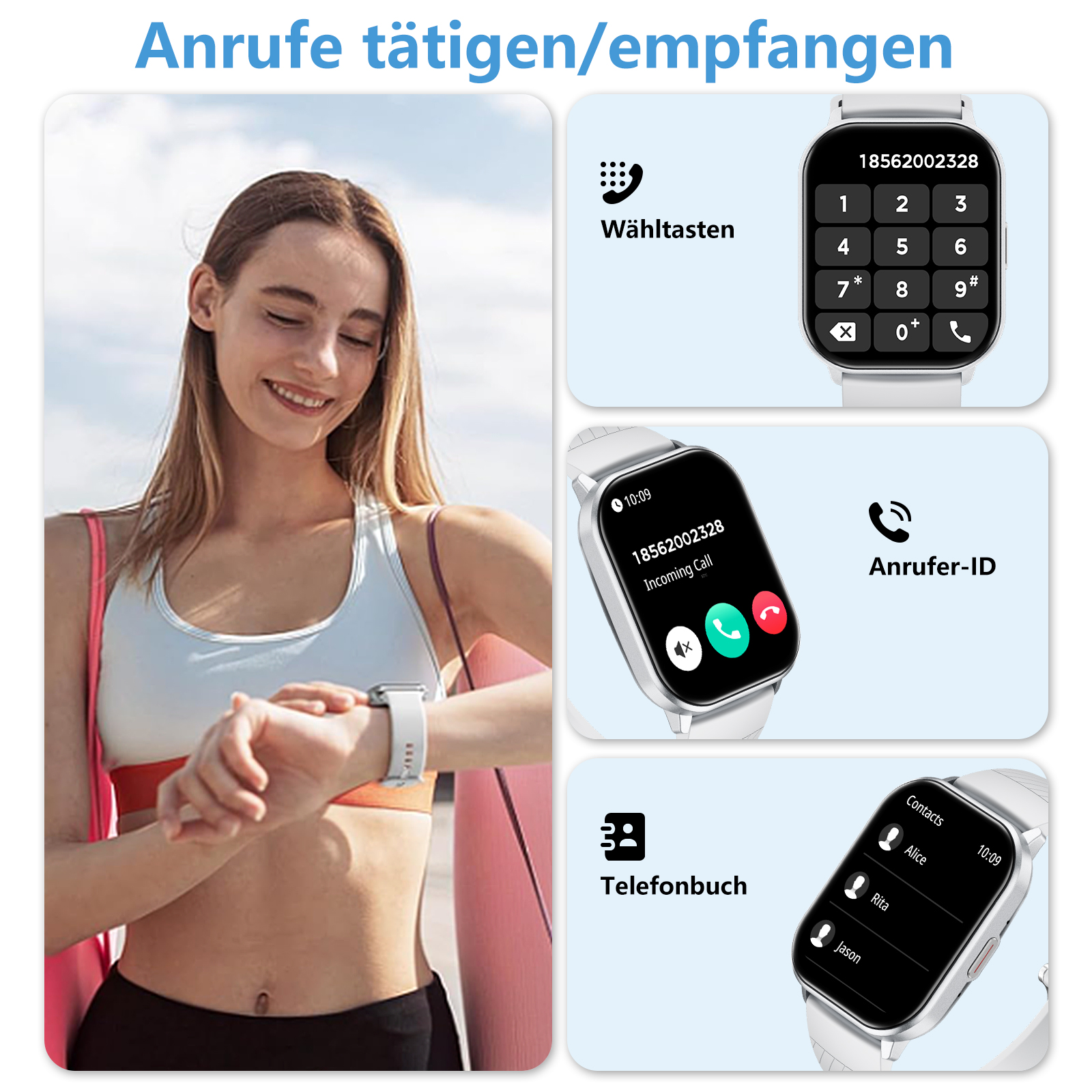 Eine Frau, die eine Smartwatch benutzt, wird mit ihren Telefonanruffunktionen angezeigt.
