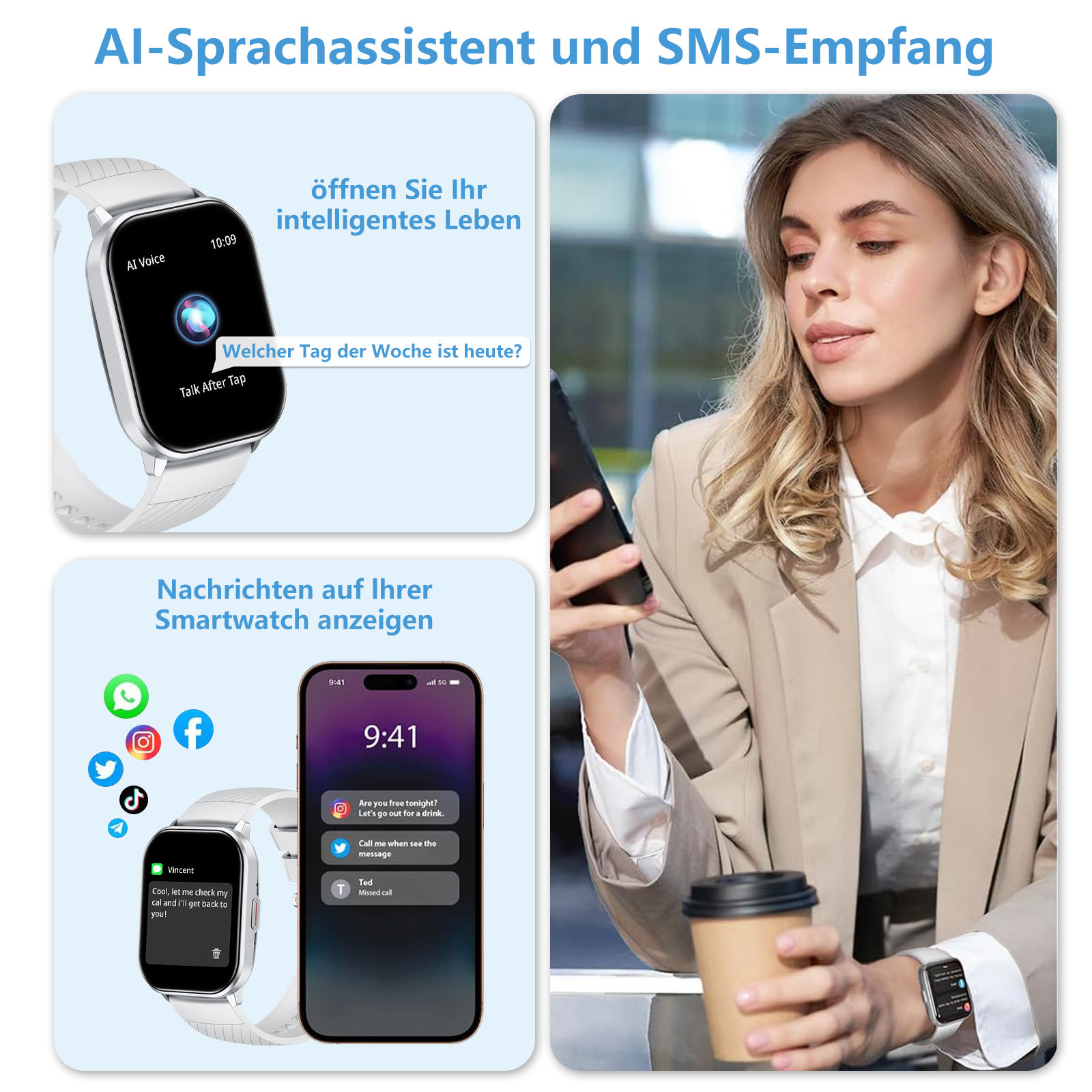 Eine Frau benutzt ihr Smartphone mit zwei Smartwatches, die Nachrichten und KI-Assistenten anzeigen.