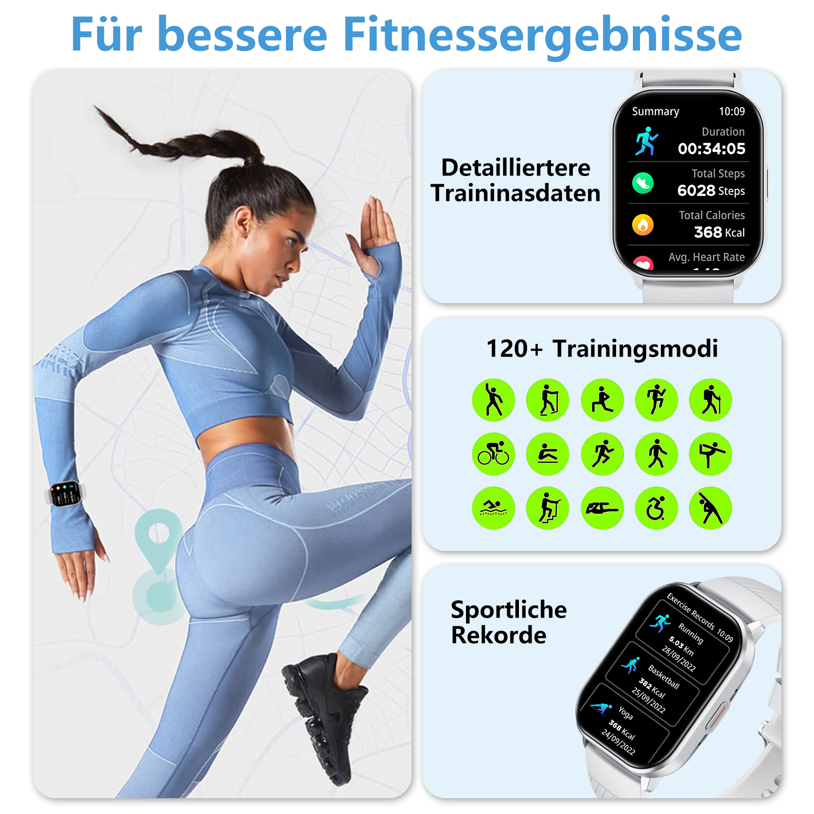 Eine Frau in blauer Sportkleidung läuft, mit Smartwatch am Handgelenk. Datenscreens im Hintergrund.
