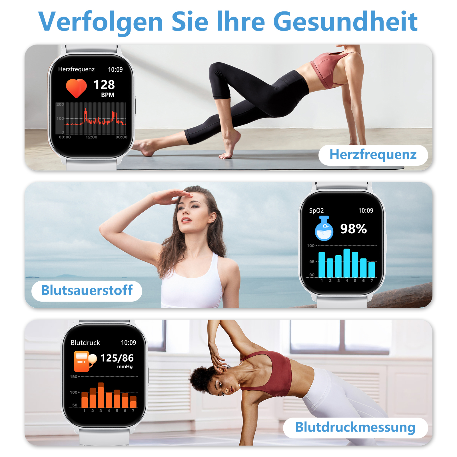 Drei Bilder, die die Gesundheitsüberwachung auf einer Smartwatch zeigen, mit Informationen zu Herzfrequenz, Blutsauerstoff und Blutdruck.