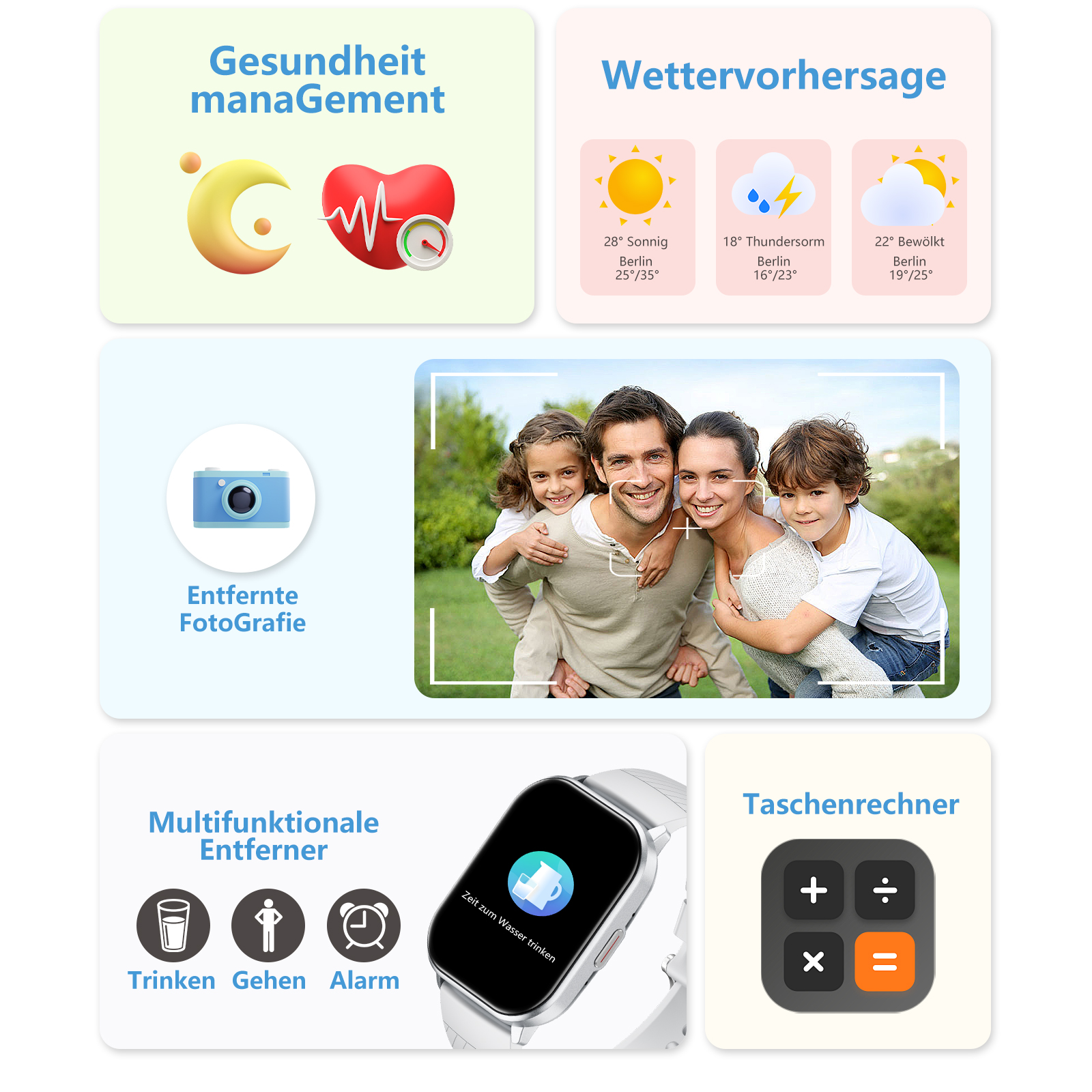 Collage von Smartwatch-Funktionen: Gesundheit, Wetter, Kamera und Rechner.