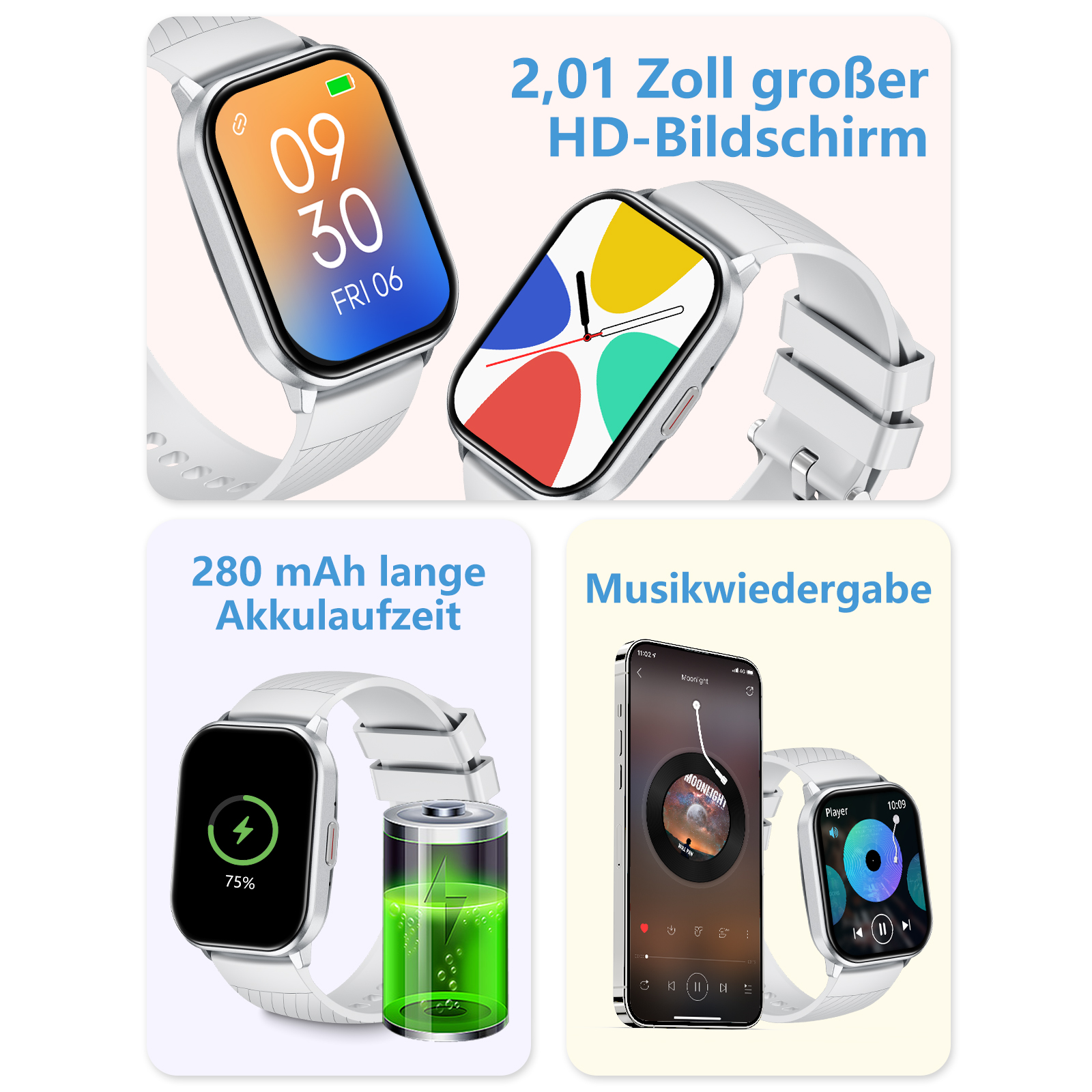 Zwei Smartwatches zeigen unterschiedliche Bildschirmanzeigen: Zeit, Akkulaufzeit und Musikwiedergabe.