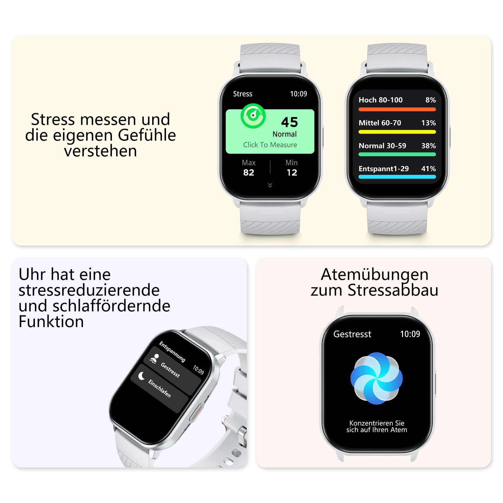 Smartwatch-Bildschirme, die Stressmessungs- und Entspannungsfunktionen anzeigen.