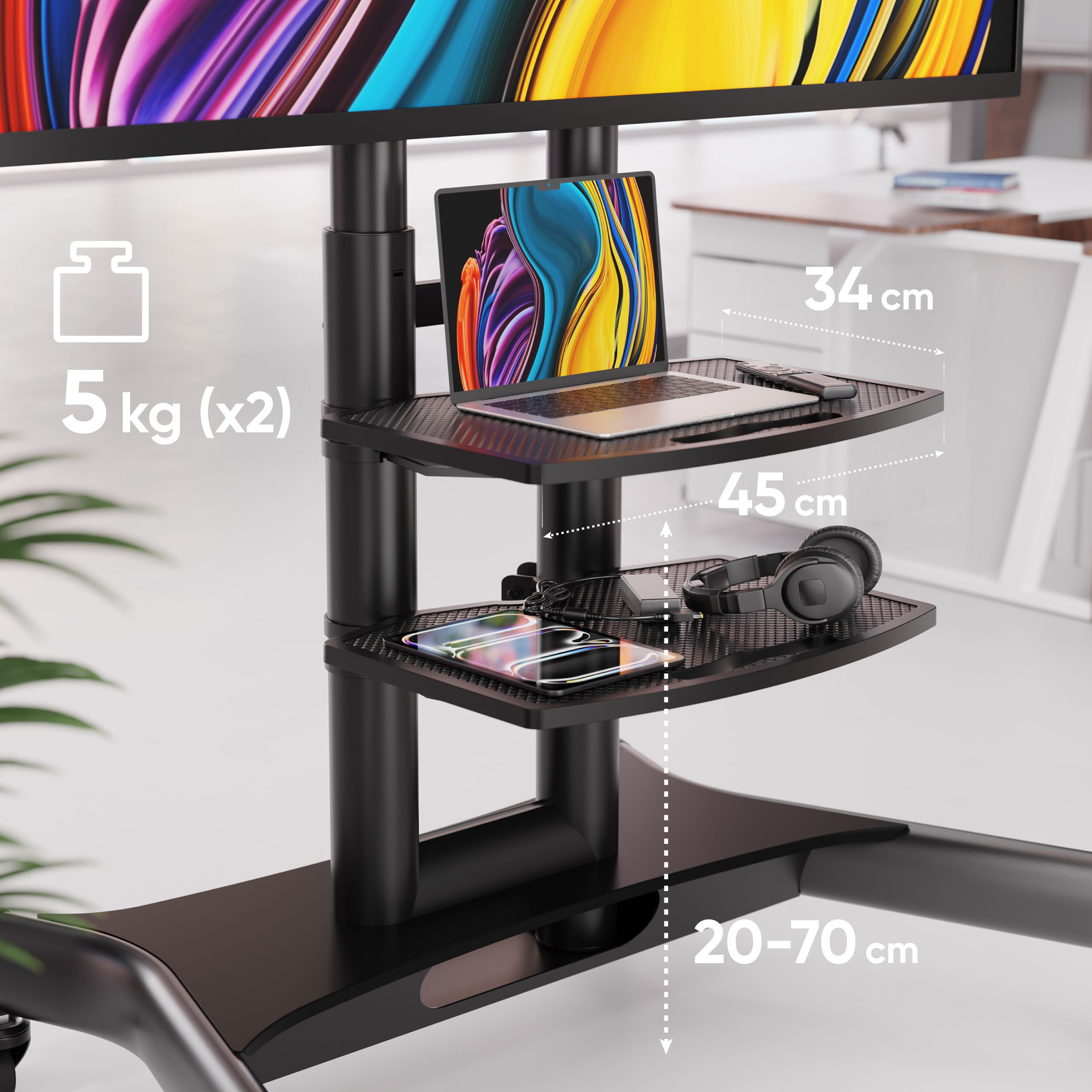 Gros plan d'un support TV avec des étagères contenant un ordinateur portable, un casque et un téléphone. Dimensions et poids indiqués.