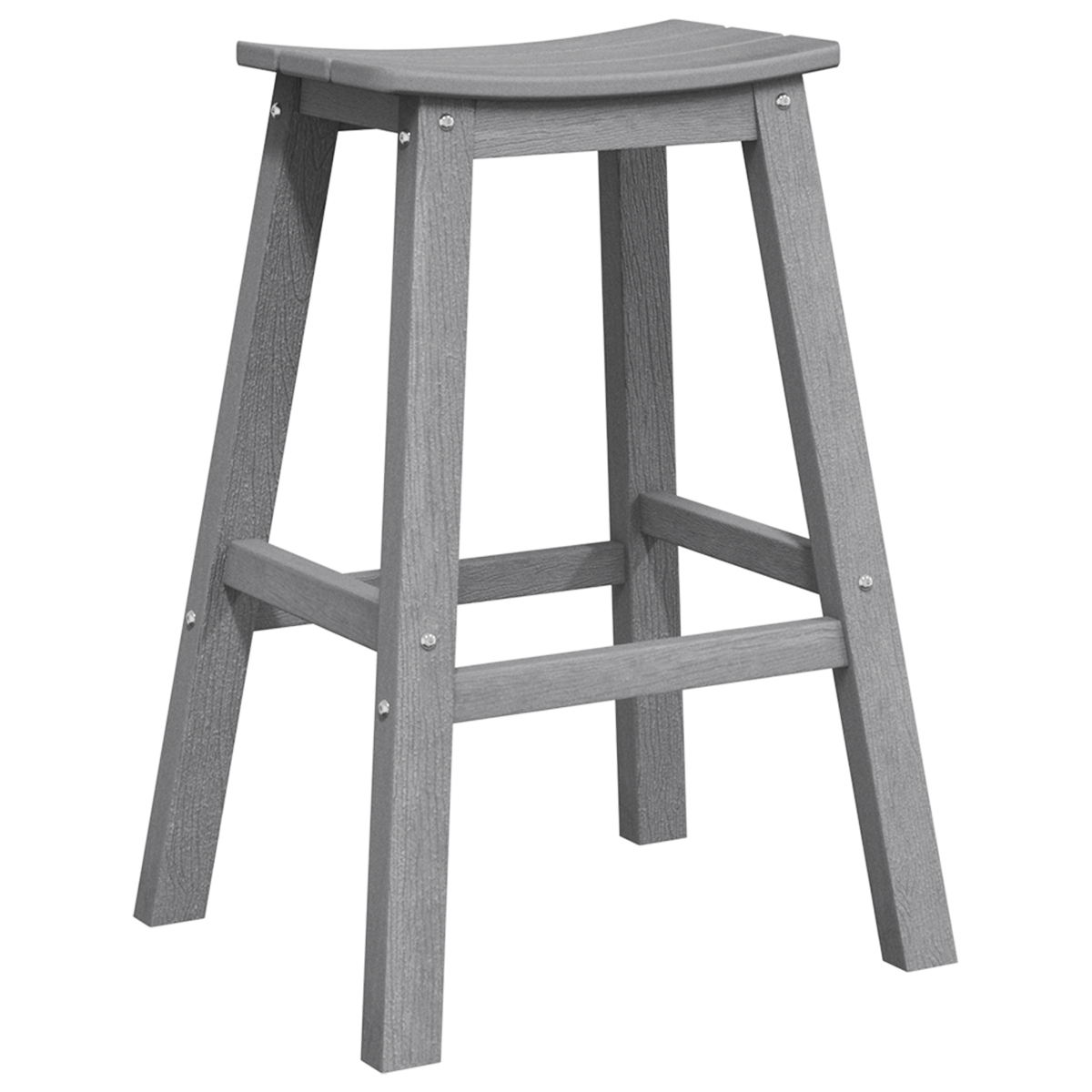 Grauer Barhocker mit gebogenem Sitz. Der Hocker hat drei Beine. Weißer Hintergrund.