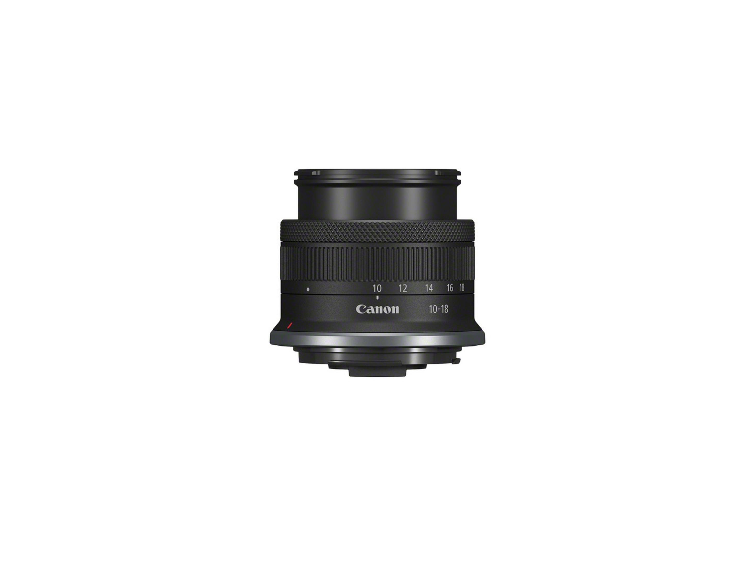 Ein Canon 10-18mm Objektiv, schwarz mit Markierungen und Canon-Logo, isoliert auf weiß.
