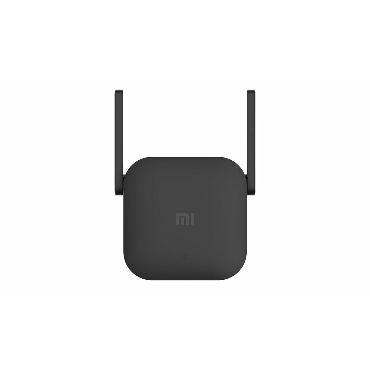 Schwarzer quadratischer WLAN-Router mit zwei nach oben zeigenden Antennen. Er hat ein MI-Logo.