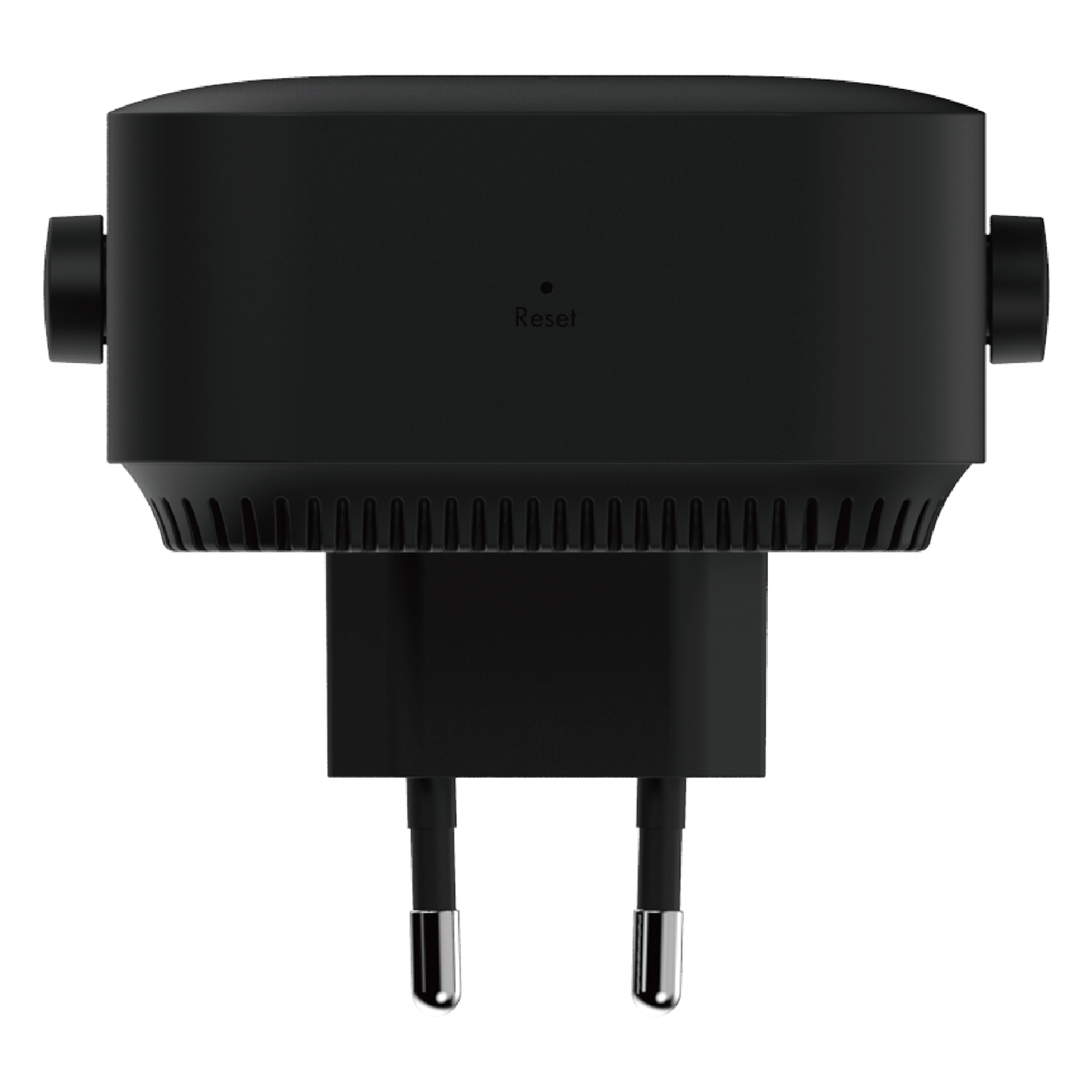 Ein schwarzes Plug-in-Netzwerkgerät mit einer 'Reset'-Taste. Es hat zwei Stifte für die Stromversorgung.