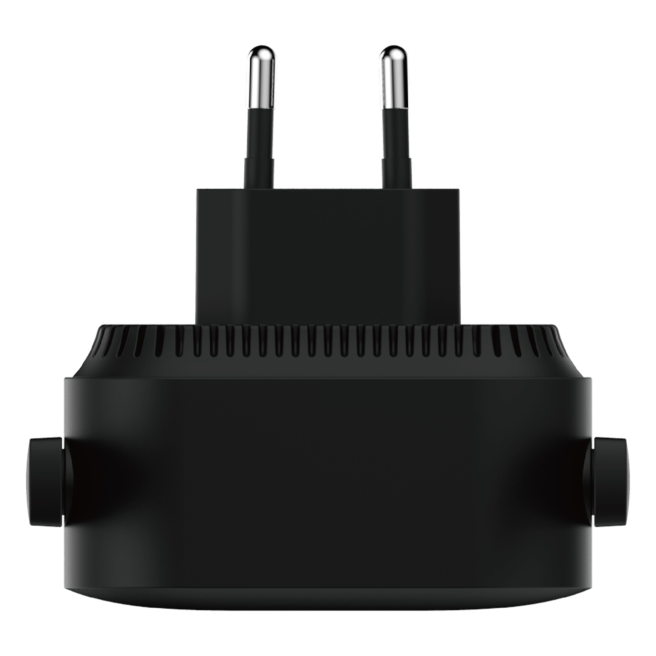 Schwarzer Netzadapter mit zwei Stiften. Er hat eine schwarze Basis mit Belüftungsöffnungen und zwei Seitentasten.