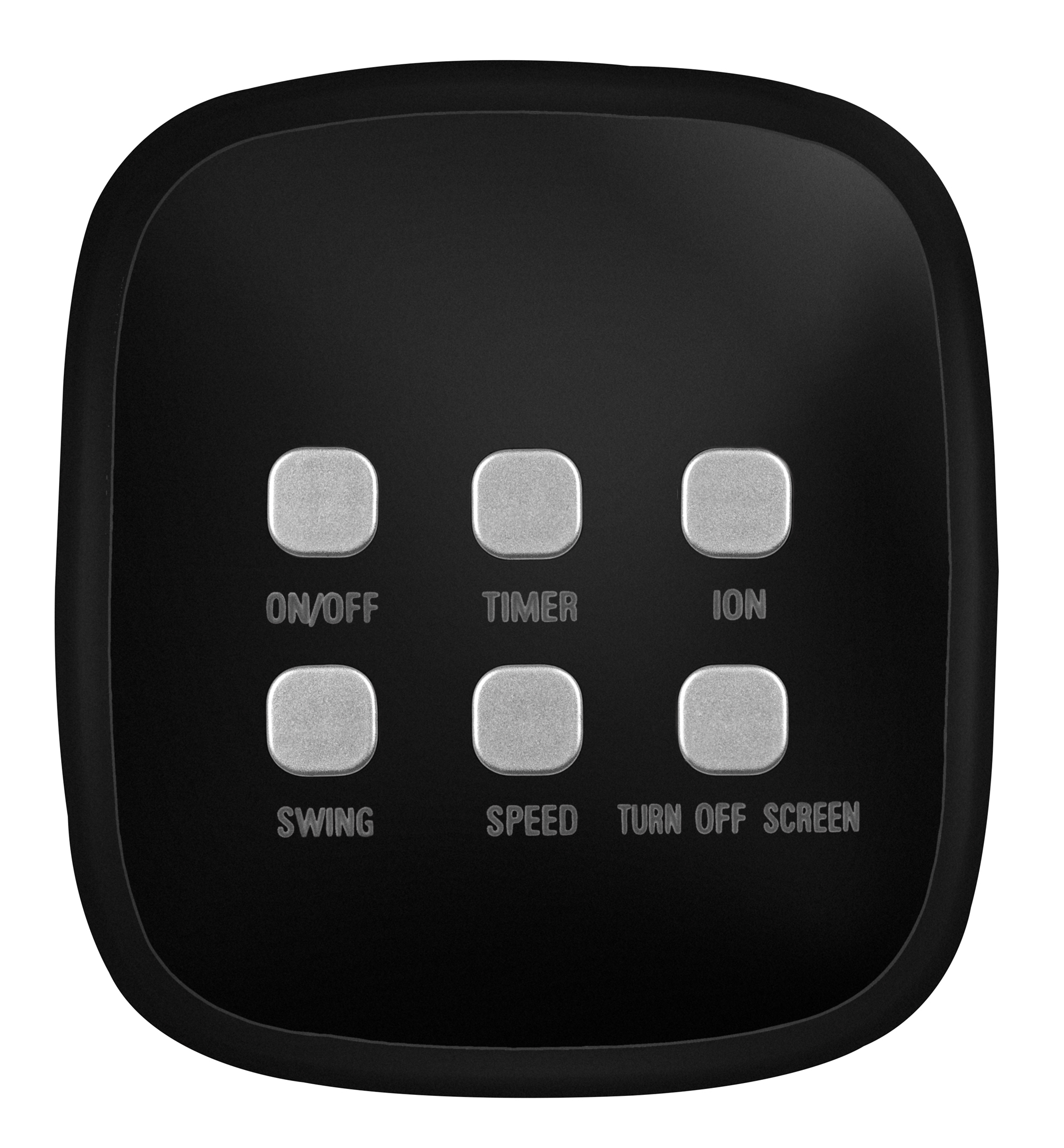 Czarny pilot z sześcioma srebrnymi przyciskami: ON/OFF, TIMER, ION, SWING, SPEED, TURN OFF SCREEN.