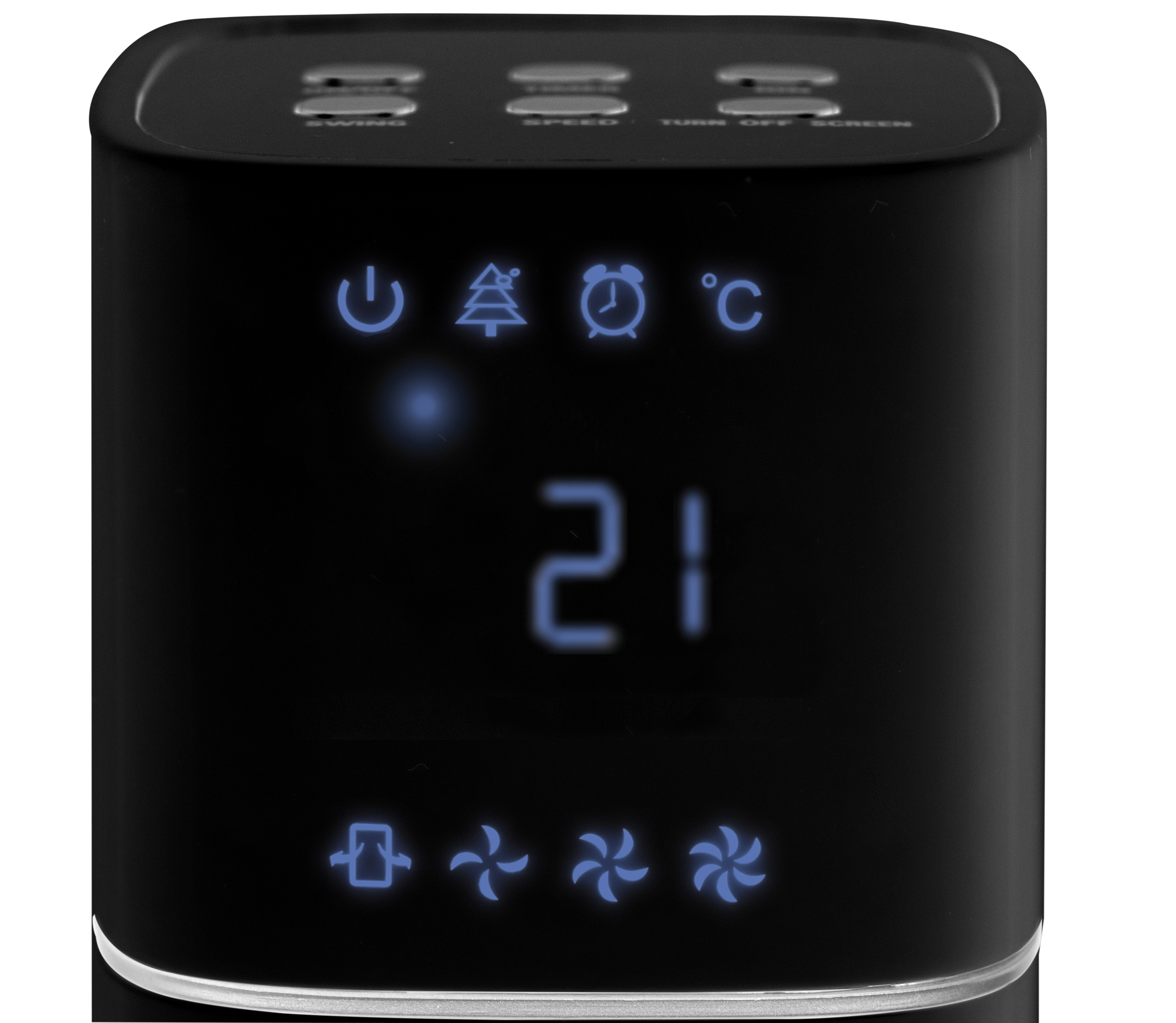 Zbliżenie czarnego wyświetlacza cyfrowego pokazującego ustawienia wentylatora wieżowego.