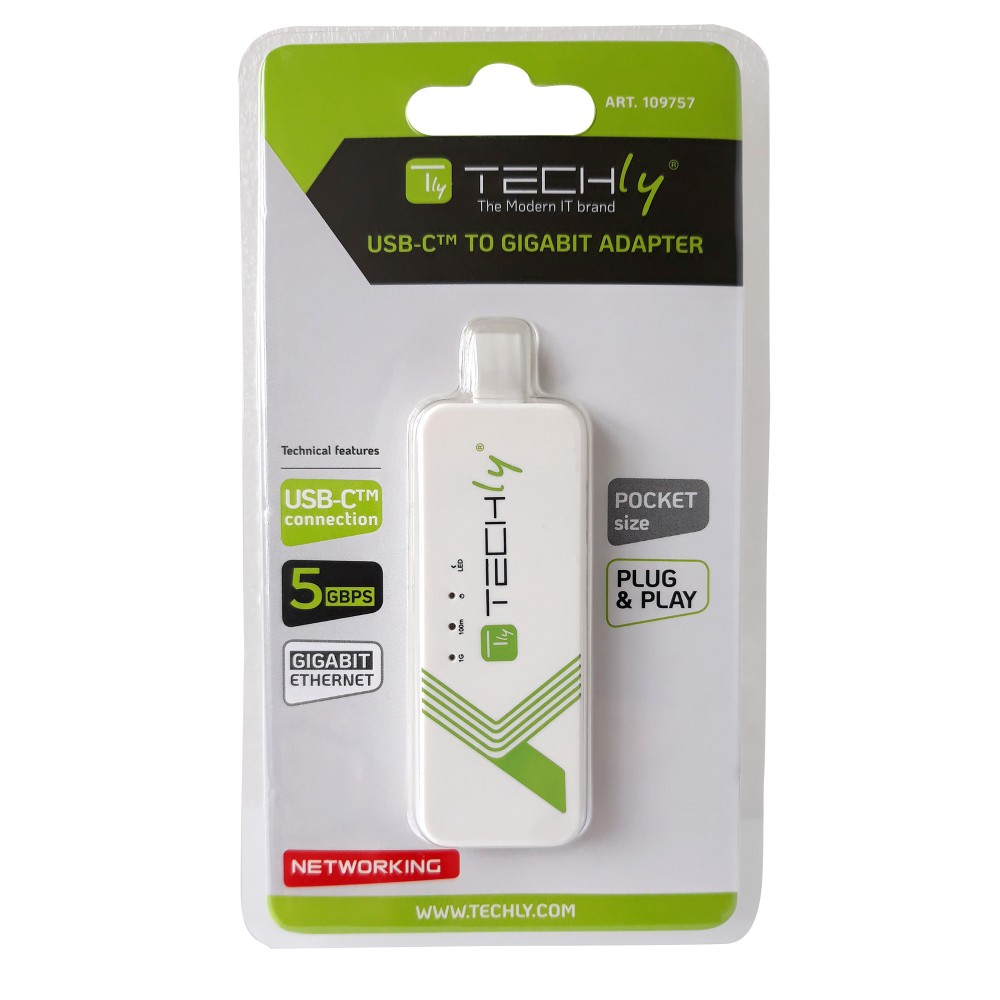Weißer und grüner USB-C-zu-Gigabit-Ethernet-Adapter in einer Verpackung. Die Verpackung hat Text.