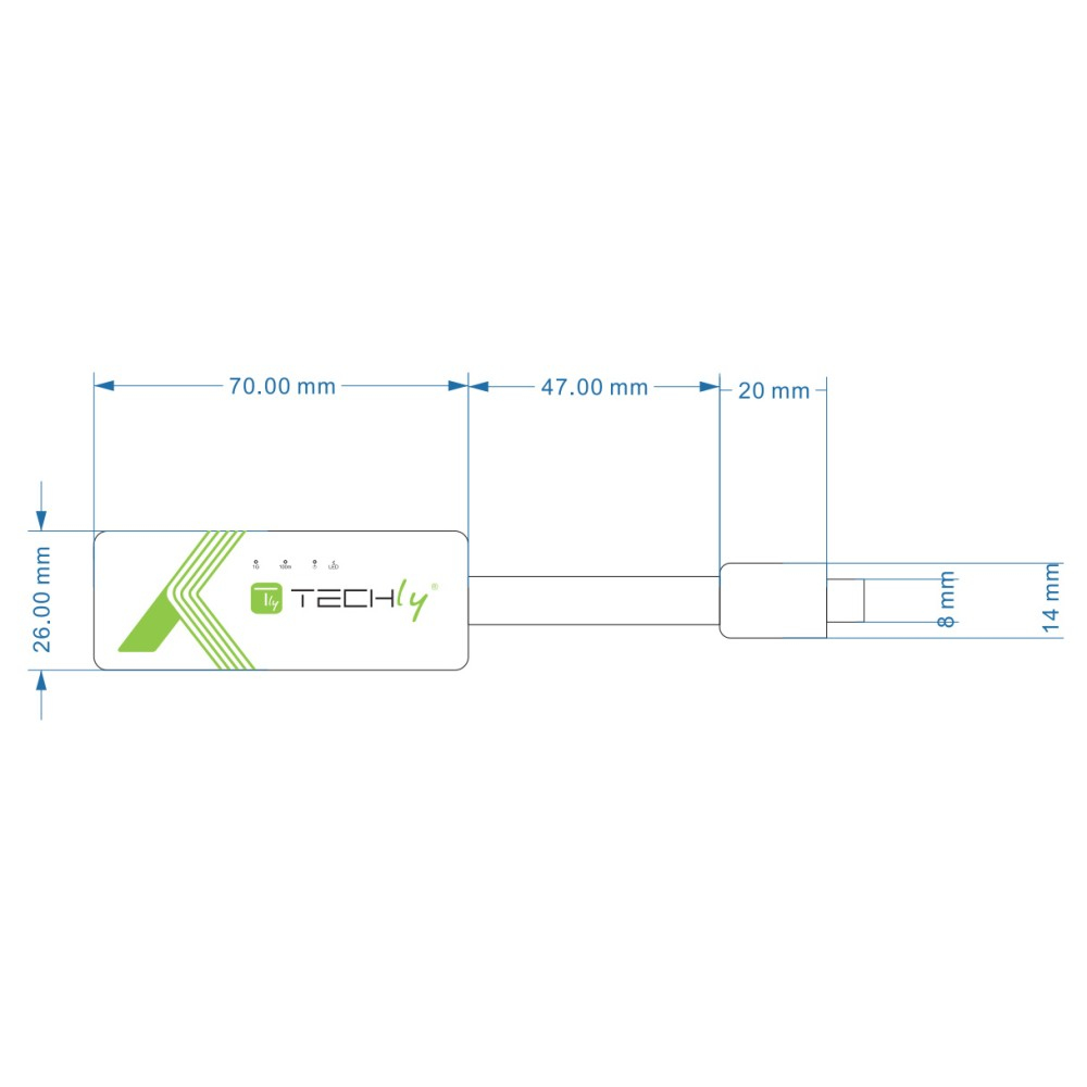 Schwarzes und grünes Kabel, mit Abmessungen in mm. Mit dem Logo der Firma TECHly gekennzeichnet.