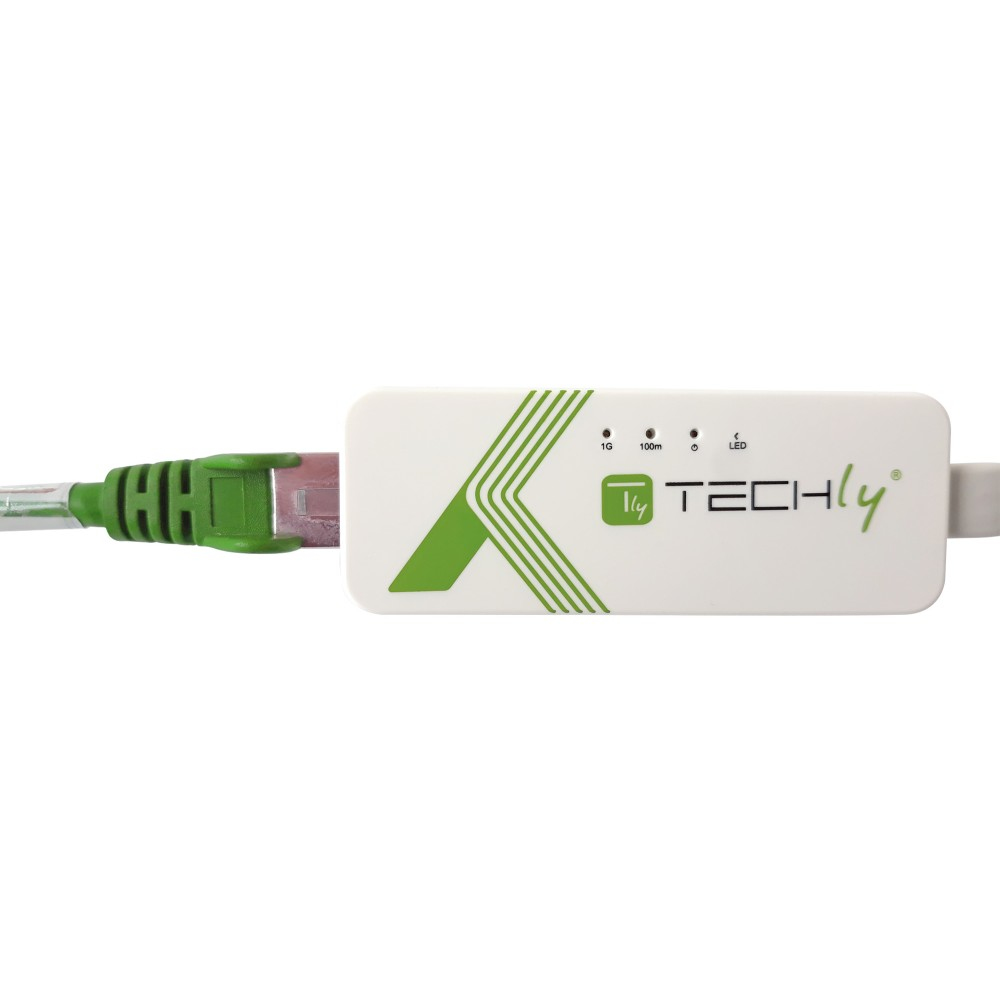 Weißer und grüner Techly RJ45-Adapter mit angeschlossenem grünem Kabel, auf weißem Hintergrund.