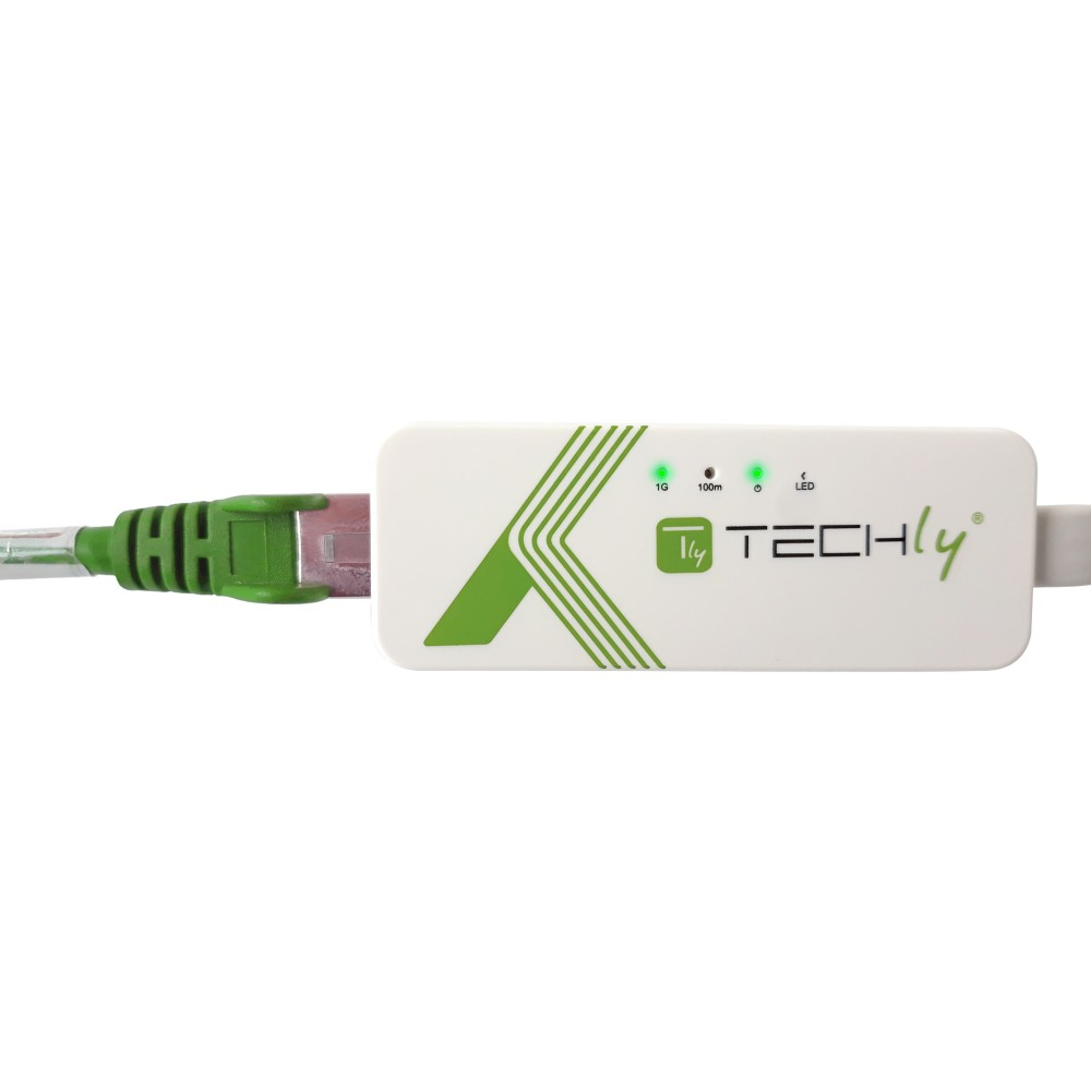 Weißer und grüner Techly RJ45-Adapter mit grünen Lichtern und grünem Kabel auf weißem Hintergrund.