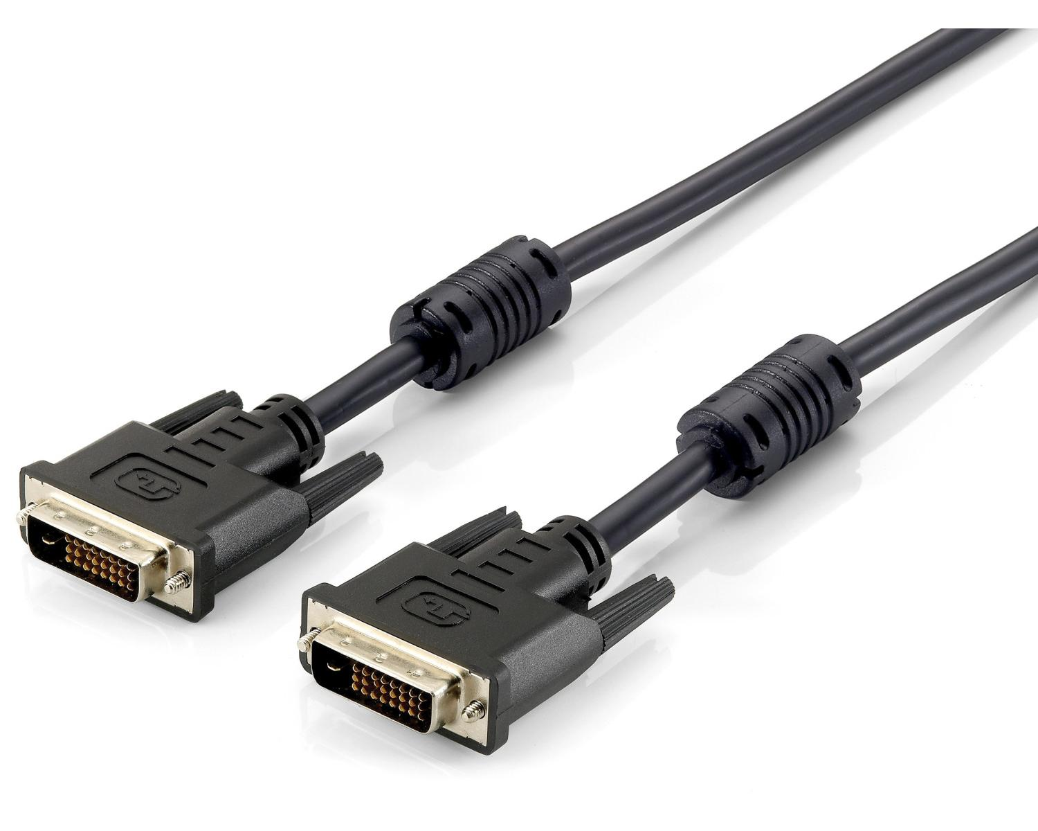 Zwei schwarze DVI-Kabel mit Steckern vor weißem Hintergrund.
