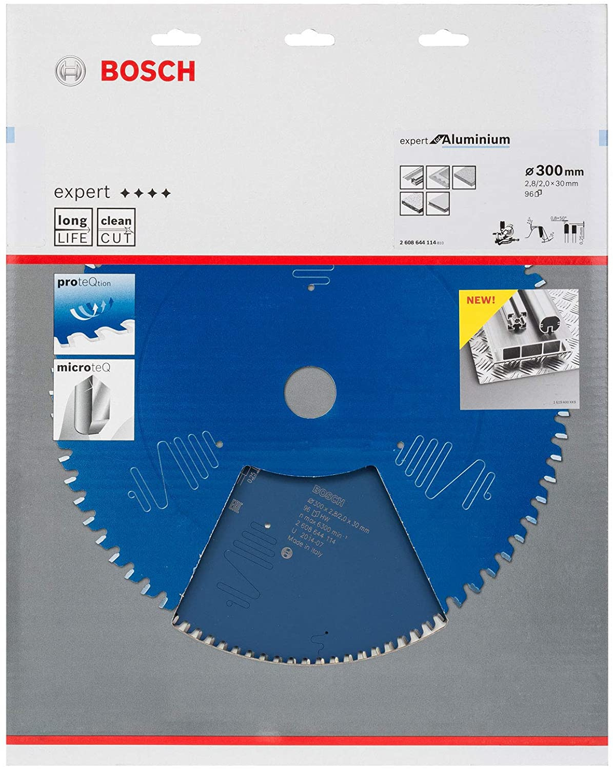 Ein blaues Kreissägeblatt mit Zähnen auf einer grau-weißen Produktverpackung.