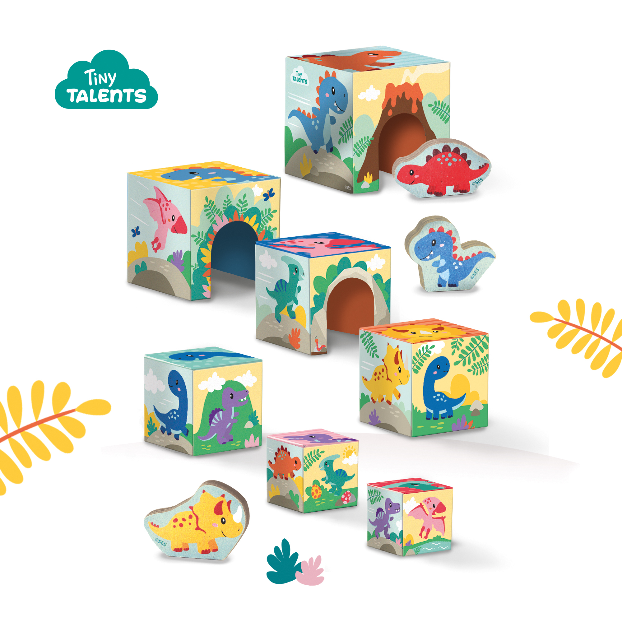 Bloques y figuras coloridas con temática de dinosaurios, con logo Tiny Talents, en superficie blanca.