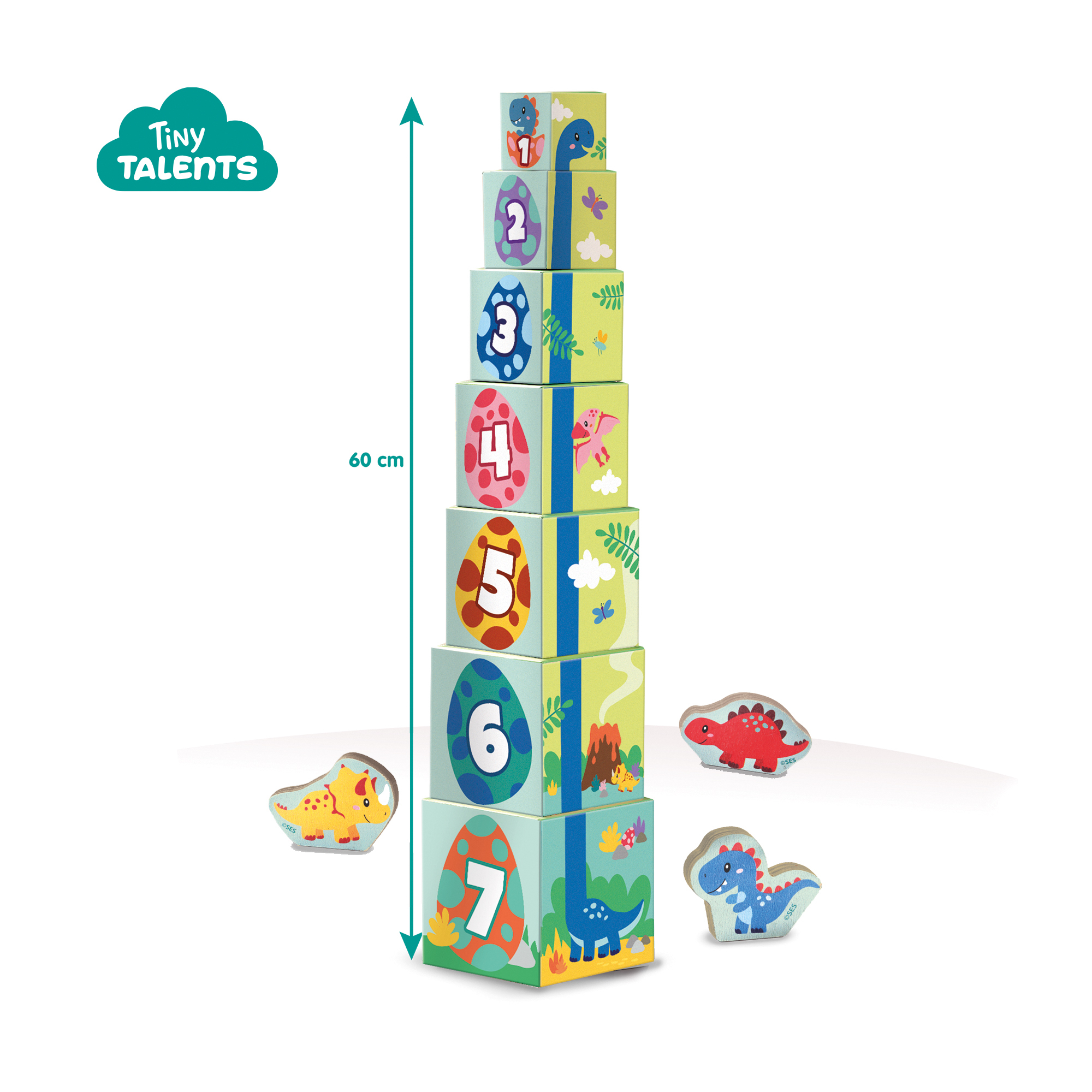 Una torre de bloques de dinosaurios con números. 60 cm es la altura.
