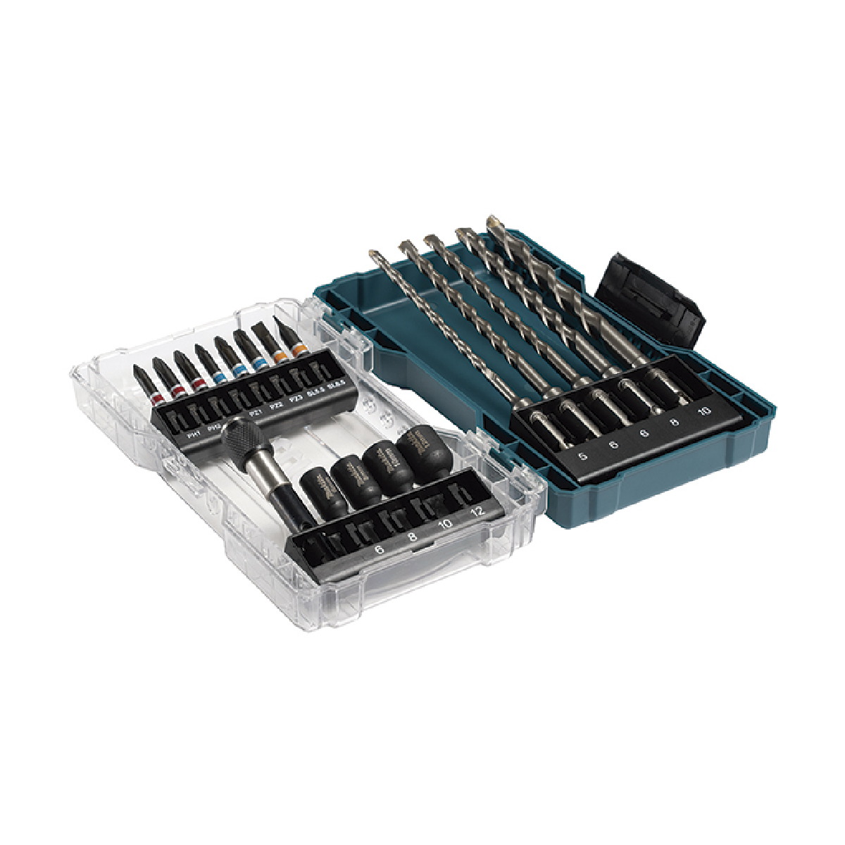 Due cassette degli attrezzi trasparenti piene di punte da trapano e accessori, su sfondo bianco.