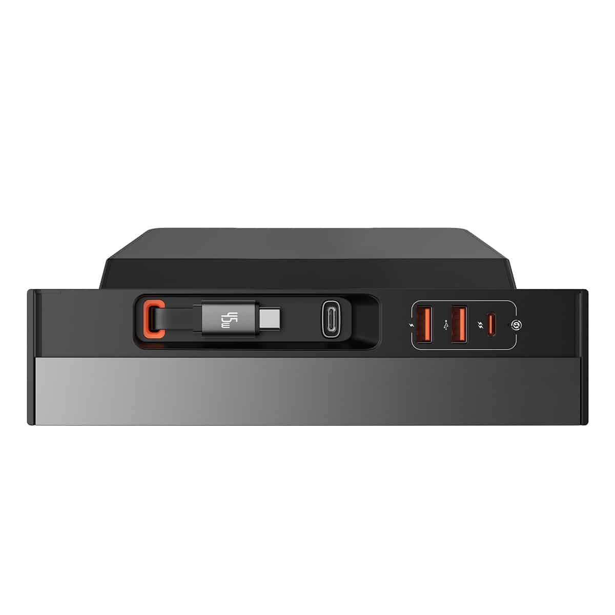Una estación de carga negra con múltiples puertos y un cable USB-C y Lightning plateado.