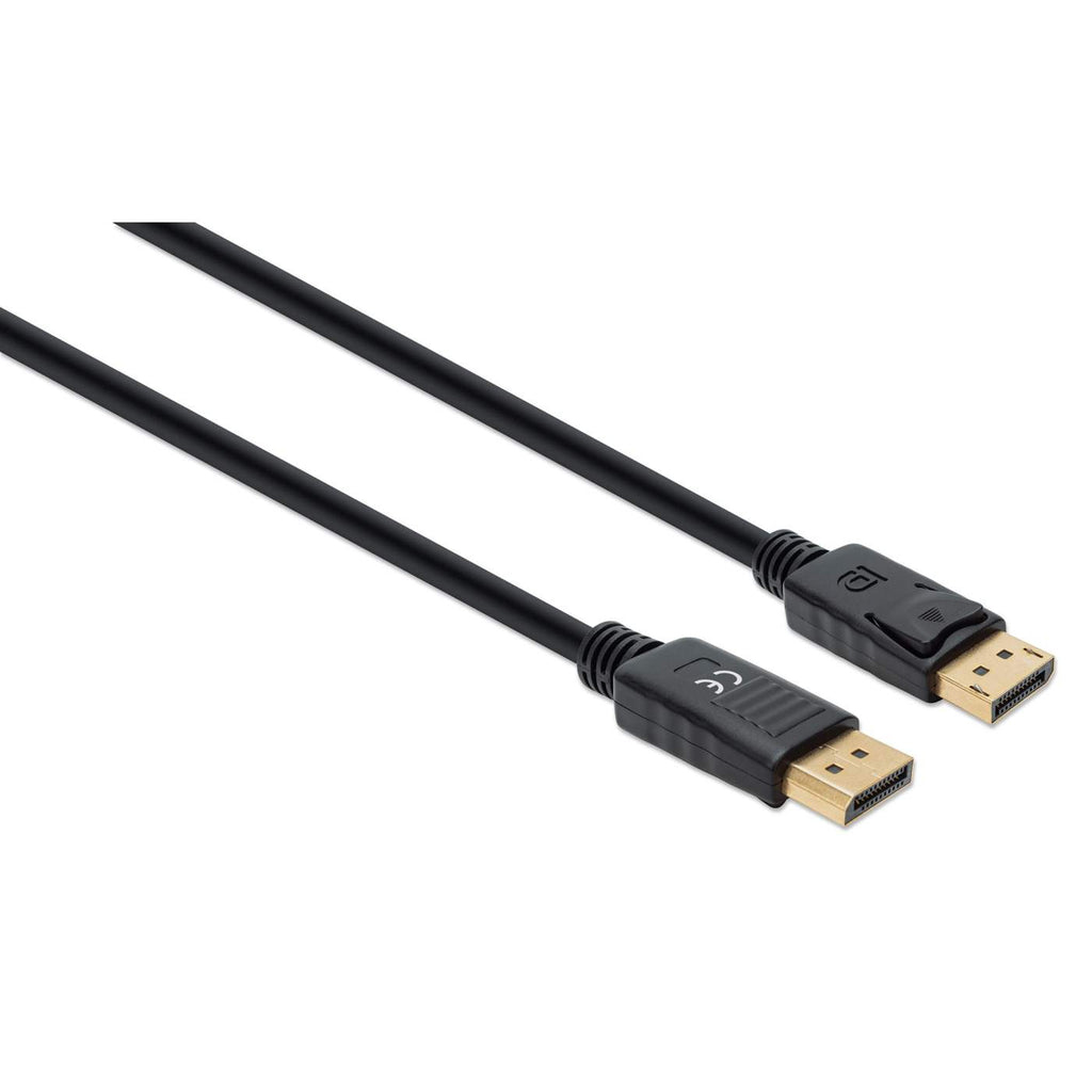 Schwarzes DisplayPort-Kabel mit Steckern an beiden Enden. Die Stecker haben goldfarbene Stifte.