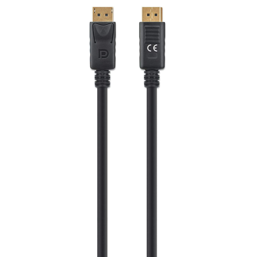 Schwarzes DisplayPort-Kabel mit Steckern an beiden Enden. Die Stecker sind nah beieinander und haben goldfarbene Stifte.