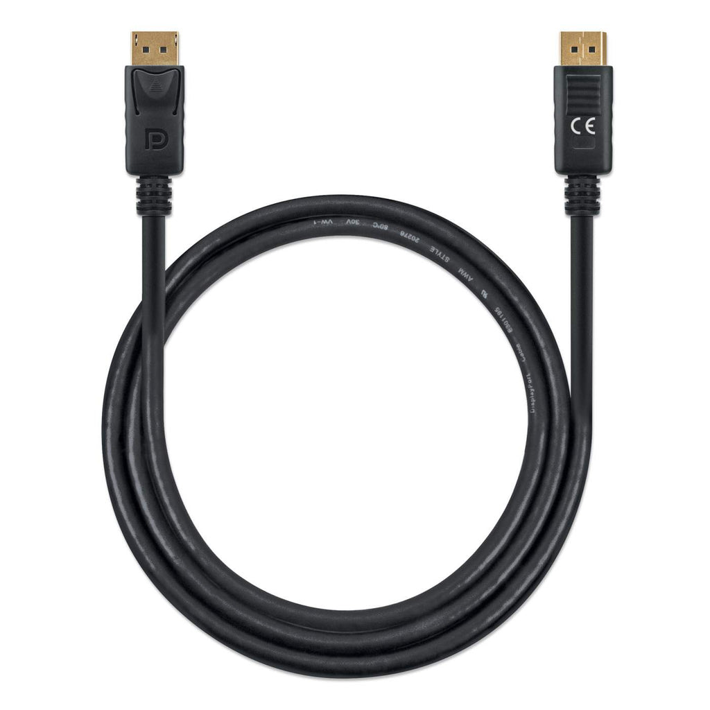 Ein schwarzes DisplayPort-Kabel mit Anschlüssen an jedem Ende, zu einem Kreis geformt.