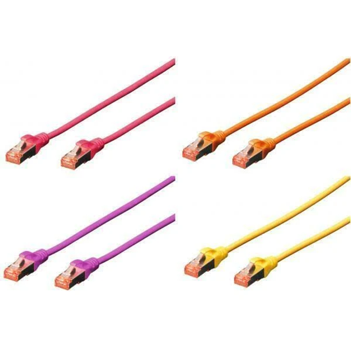 Vier Paare farbiger Netzwerkkabel: rot, orange, lila und gelb.
