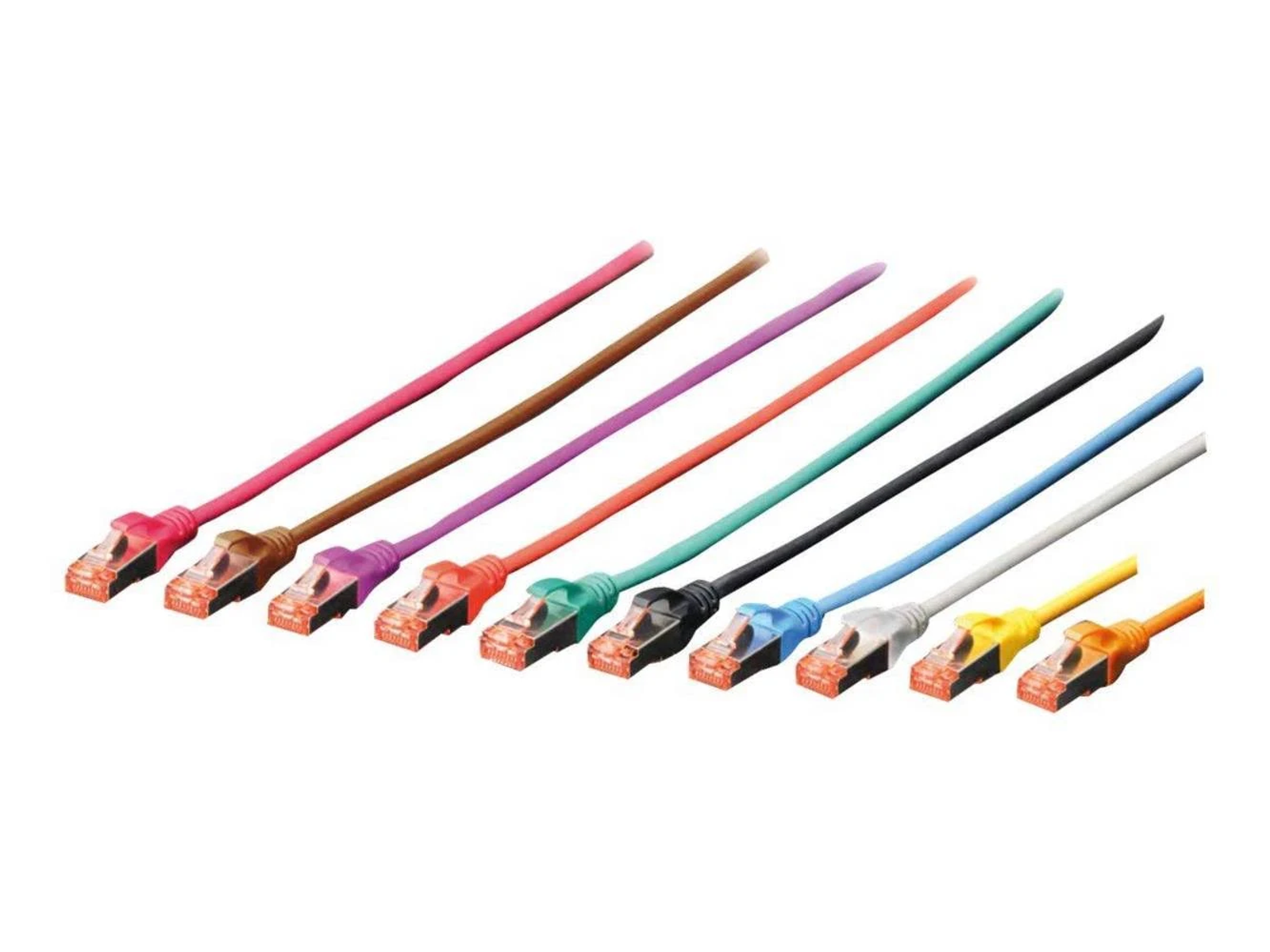 Neun Netzwerkkabel in verschiedenen Farben. Jedes Kabel hat orangefarbene Stecker.