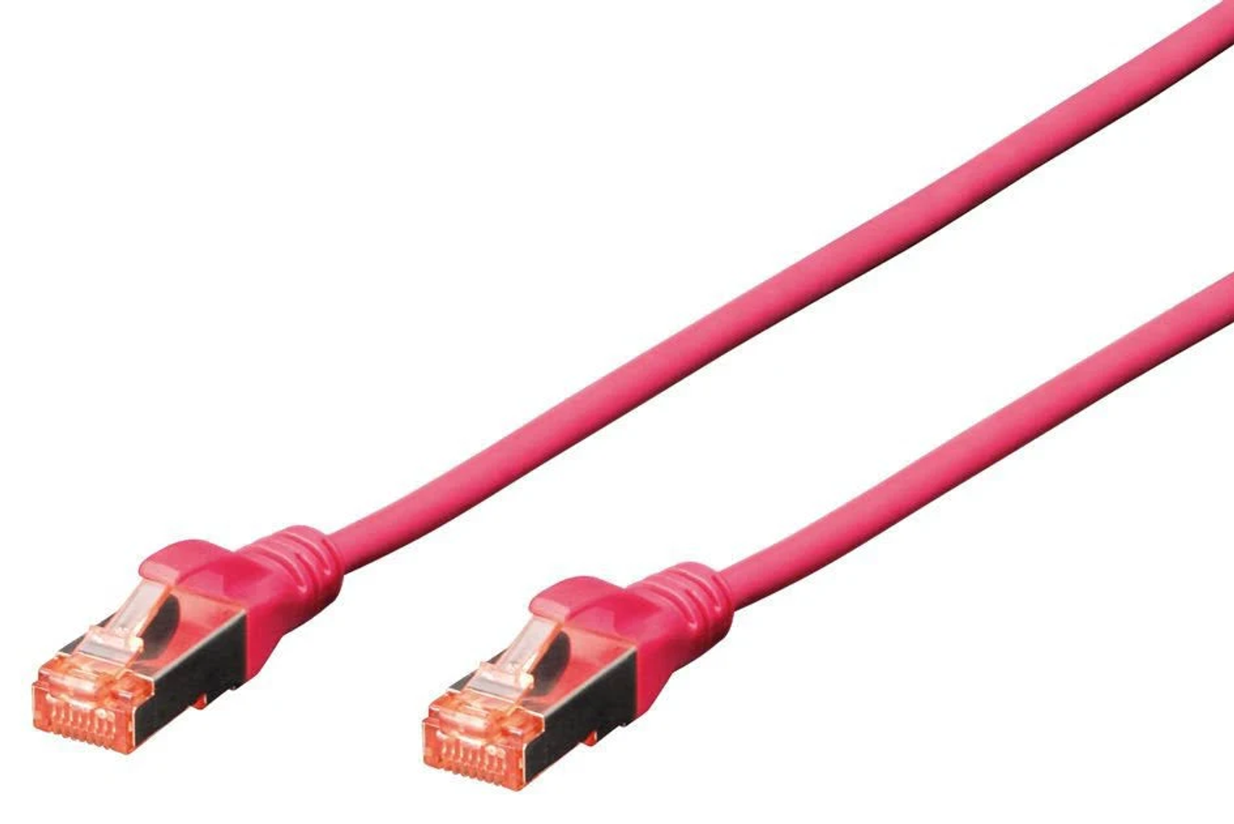 Pinkfarbenes Netzwerkkabel mit Steckern an beiden Enden. Die Stecker sind orange und haben silberne Gehäuse.