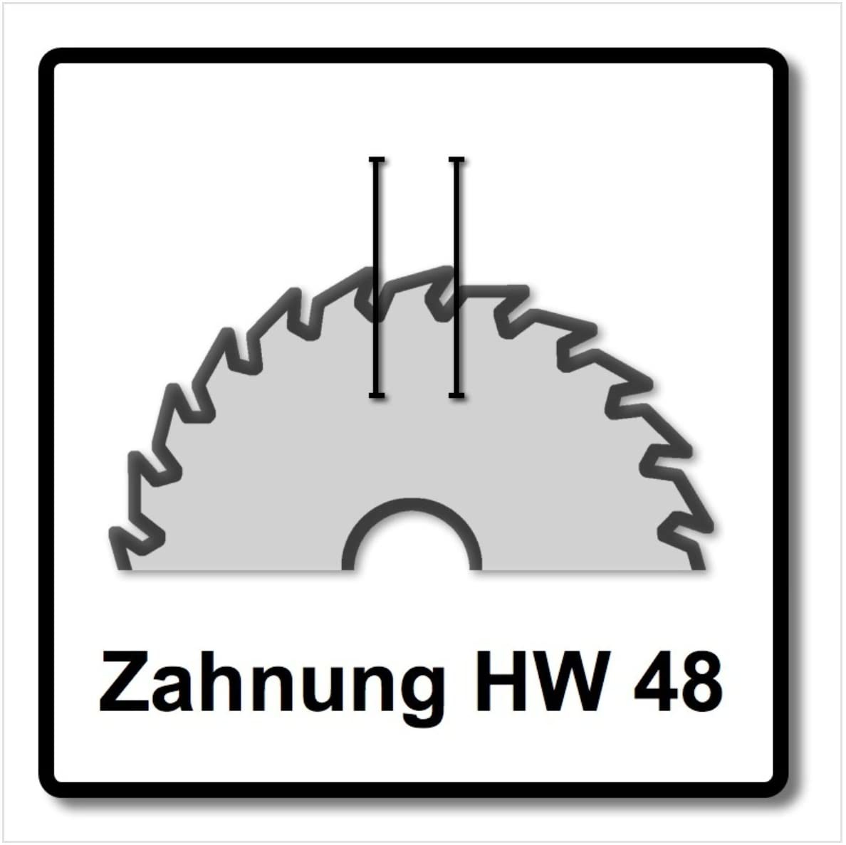Bild eines Sägeblatts mit dem Text 'Zahnung HW 48' und einer Darstellung von Zähnen.