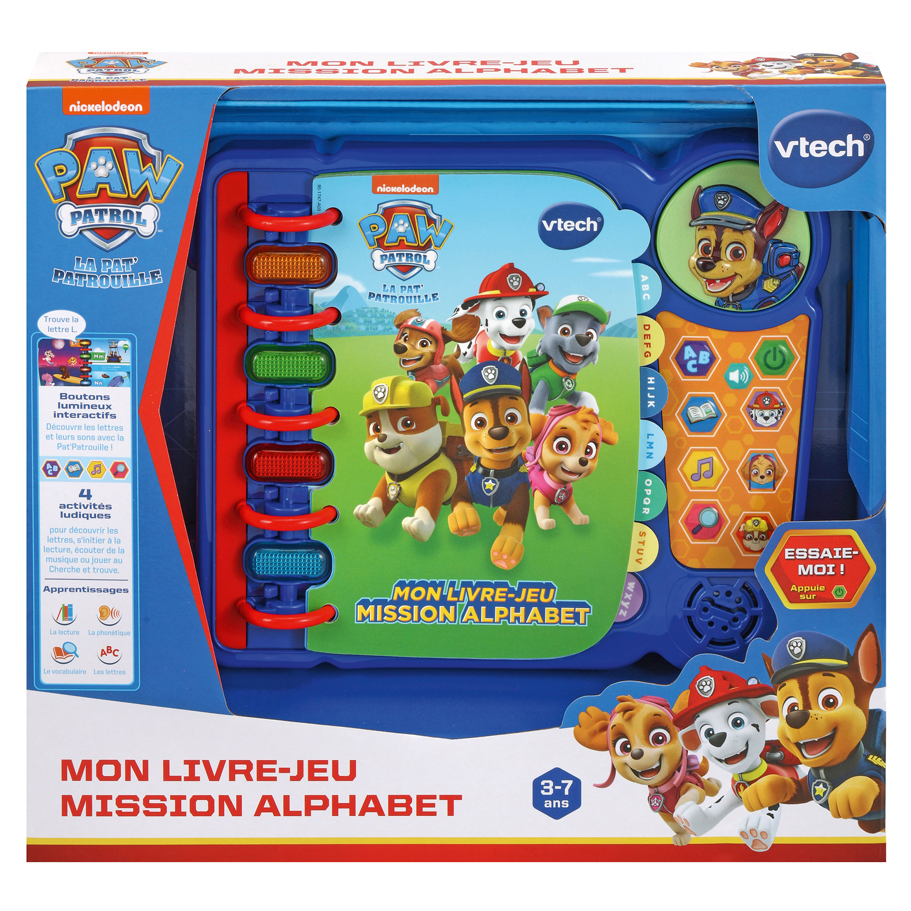 Un libro per bambini di Paw Patrol. Ha una copertina blu con immagini dei personaggi di Paw Patrol e pulsanti.
