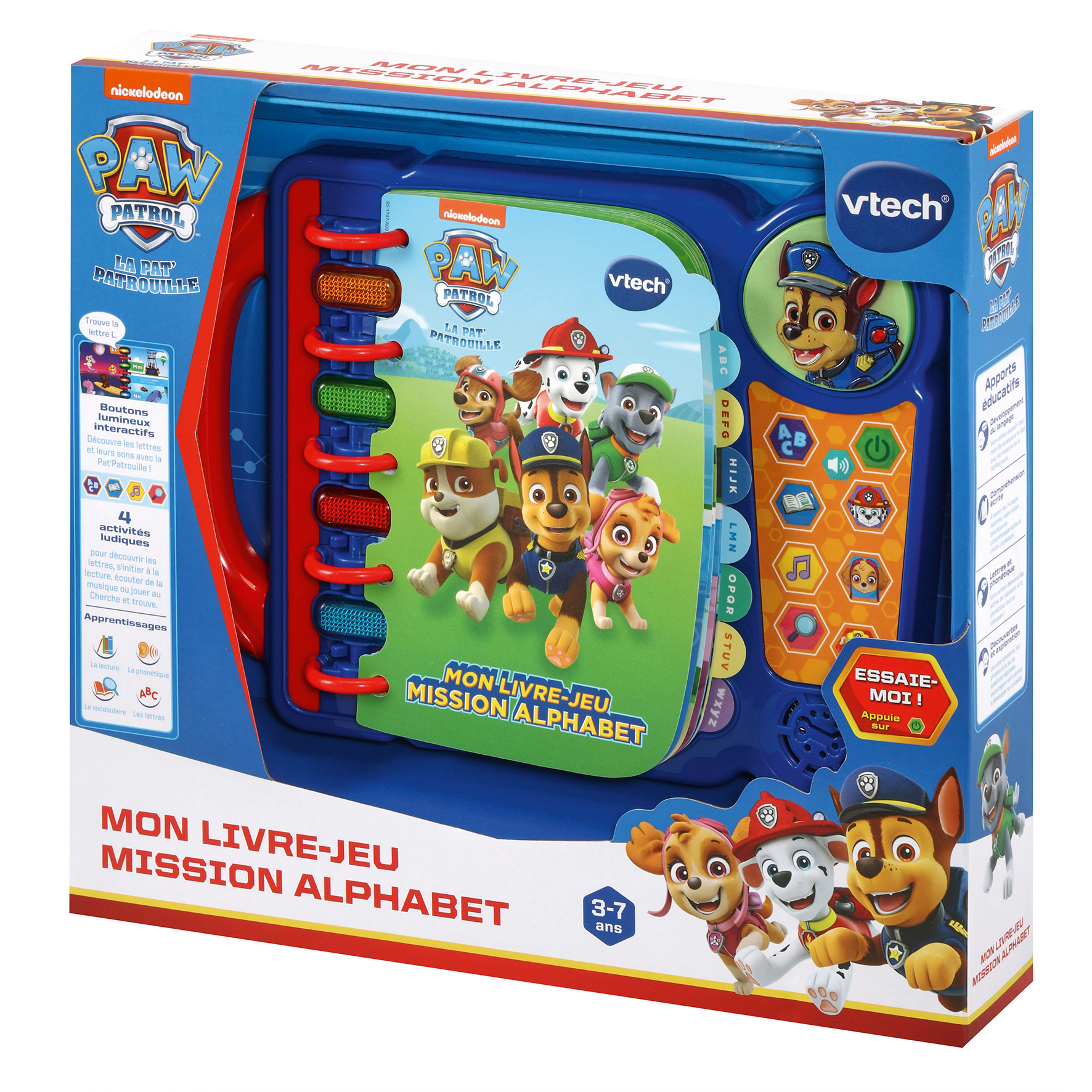 Un libro per bambini di Paw Patrol in una scatola. Ha una copertina blu con immagini dei personaggi di Paw Patrol e pulsanti.