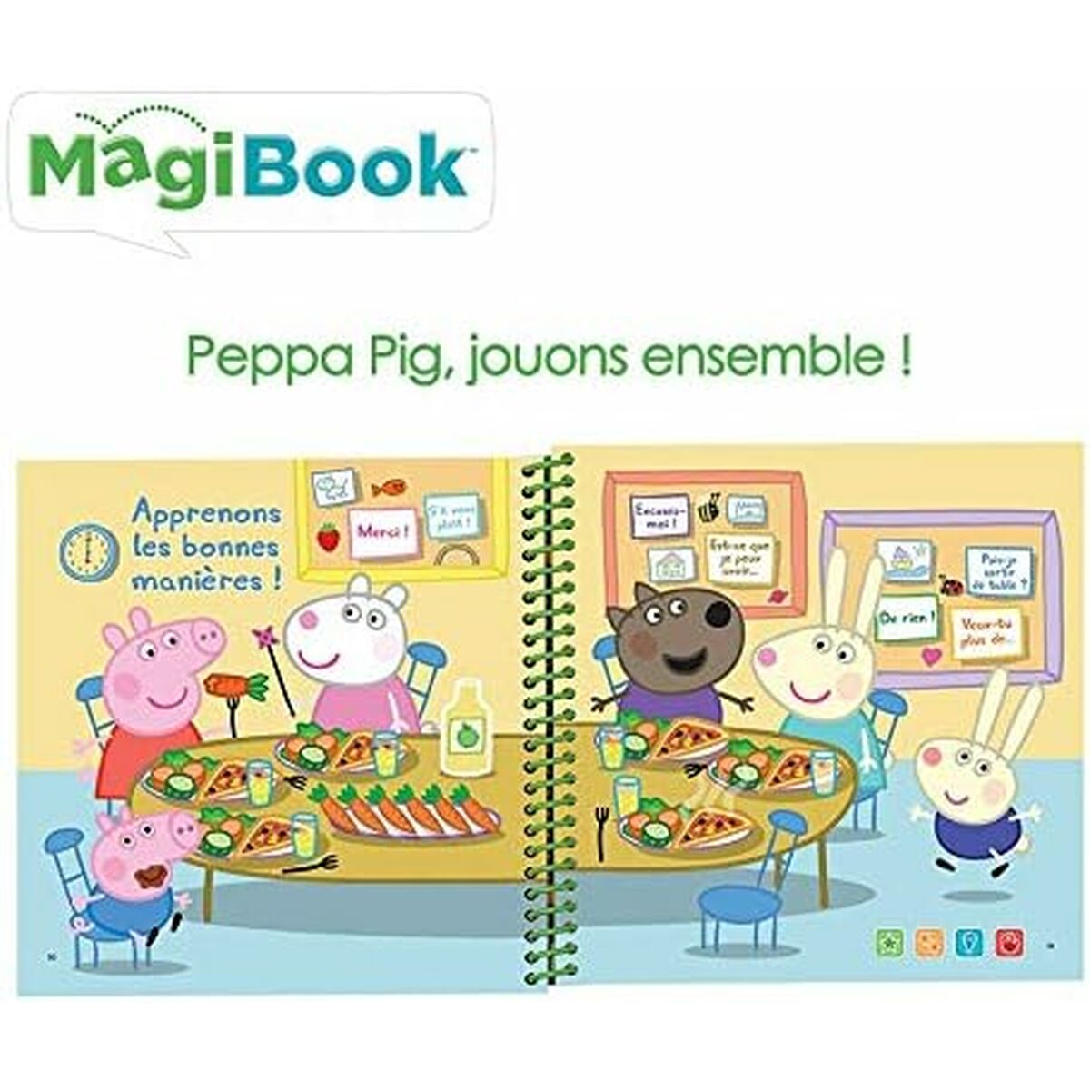 Ein Buch mit Peppa Pig-Charakteren an einem Tisch. Sie essen Essen.
