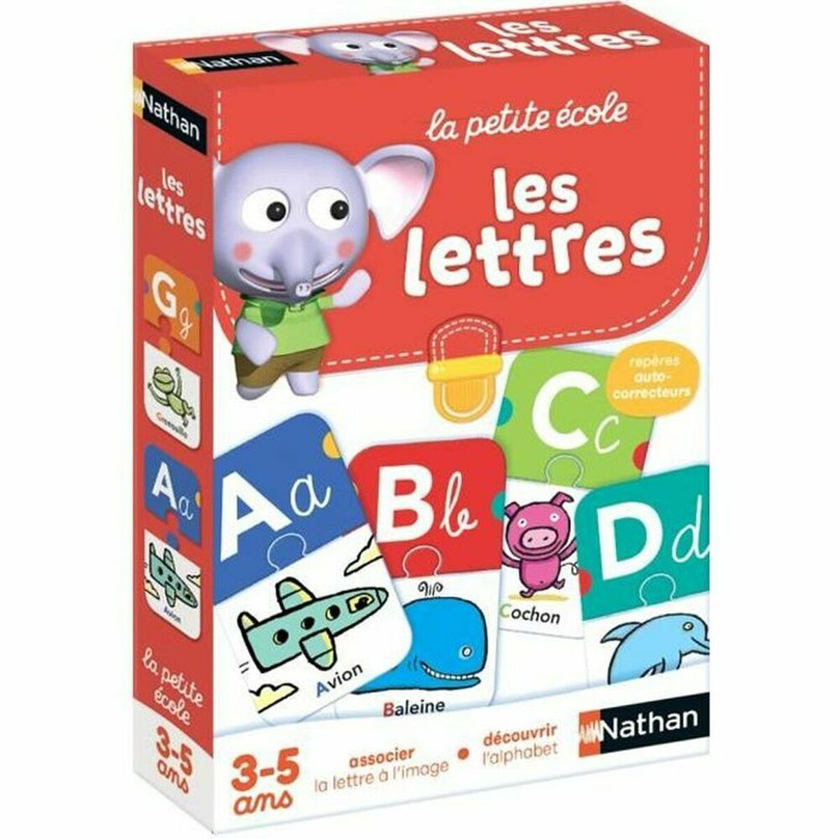 Lernspiel mit bunten Karten für Kinder, die Buchstaben und zugehörige Bilder zeigen. Rote Box.