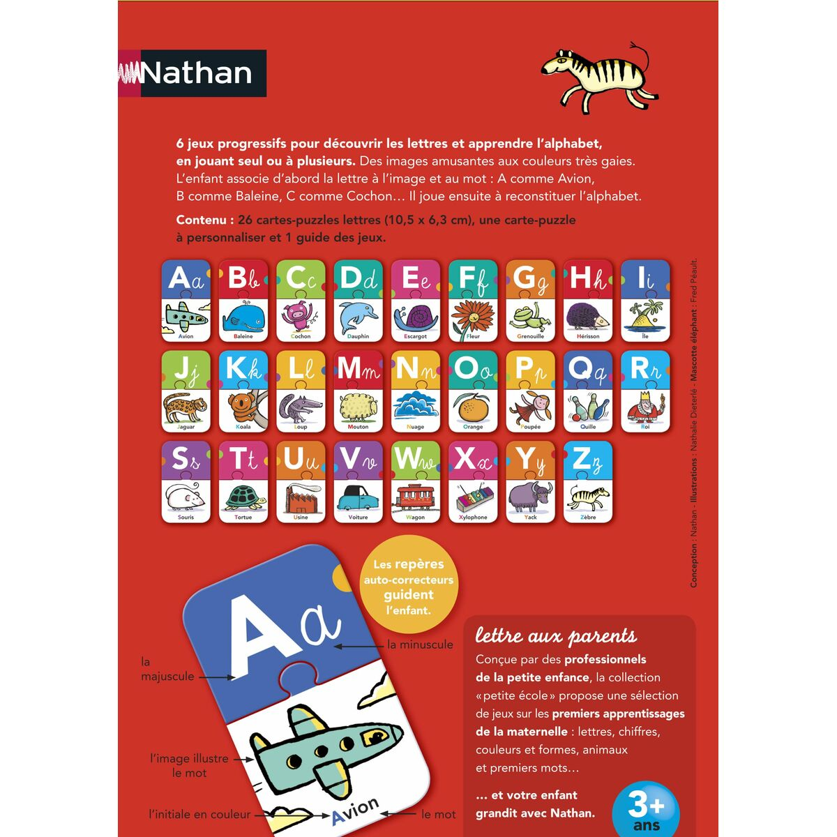 Lehrposter mit Buchstaben und Bildern für Kinder, mit einem Zebra. Französischer Text.