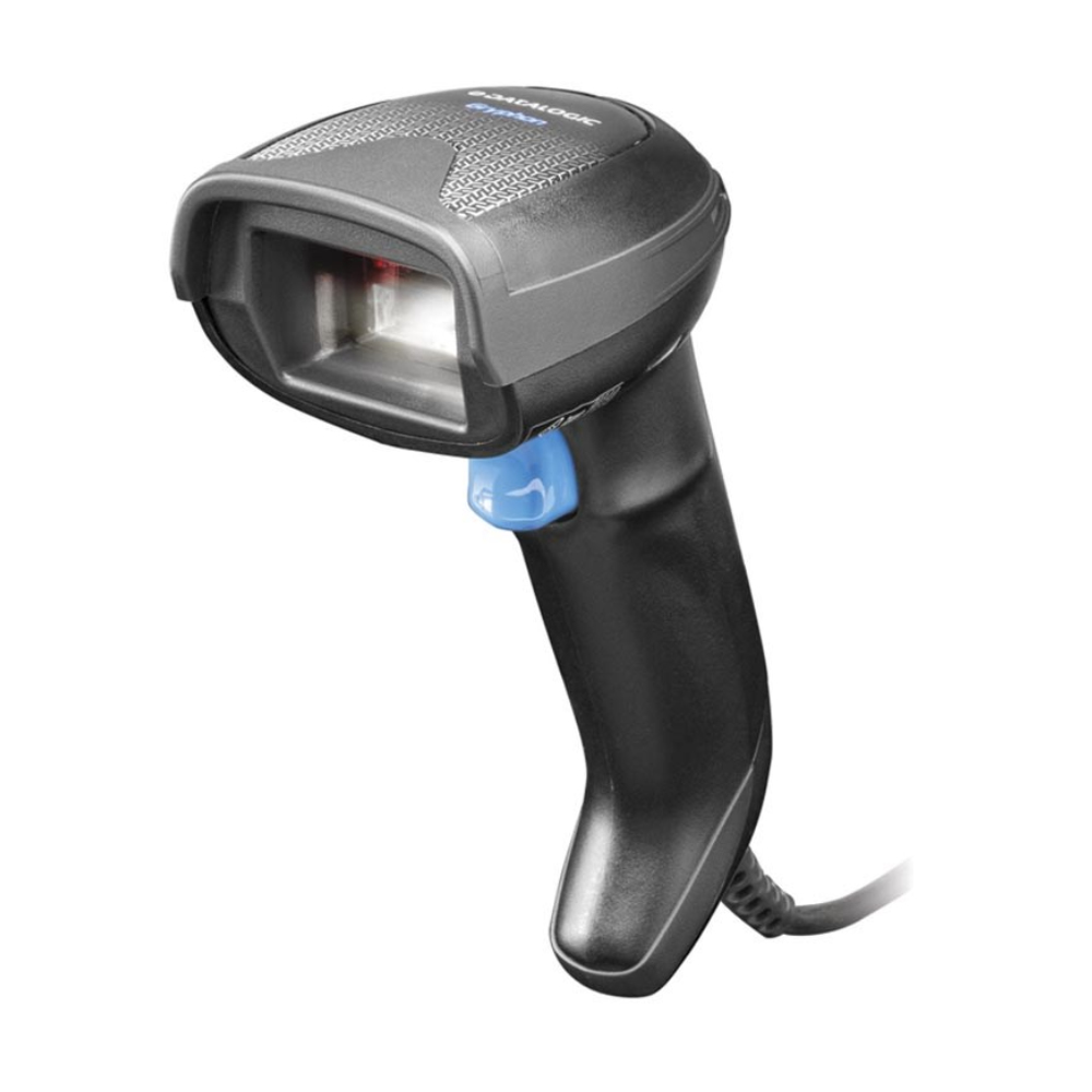 Schwarzer Barcode-Scanner mit blauem Knopf. Er hat einen Griff und ein rotes Licht.